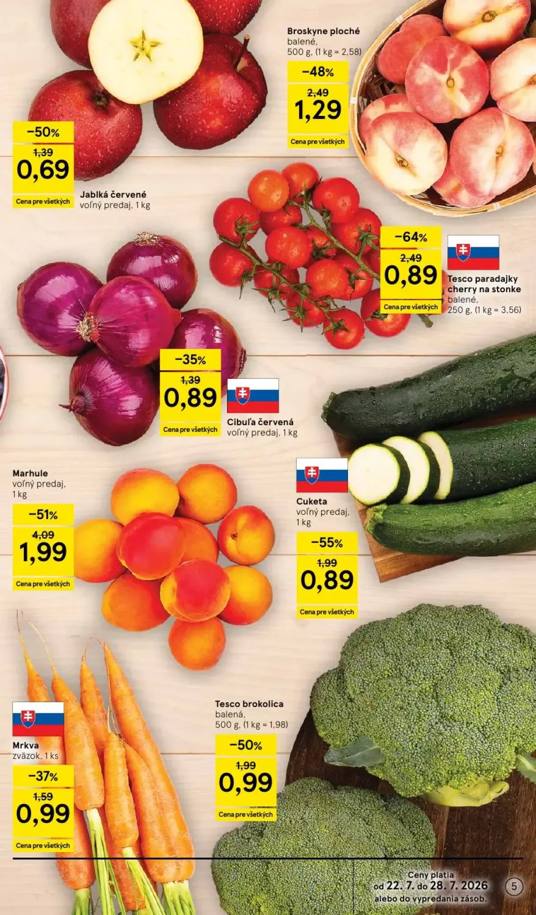 Tesco leták, strana 5 z 50 — Marhule, Tesco paradajky cherry na stonke, Broskyne ploché