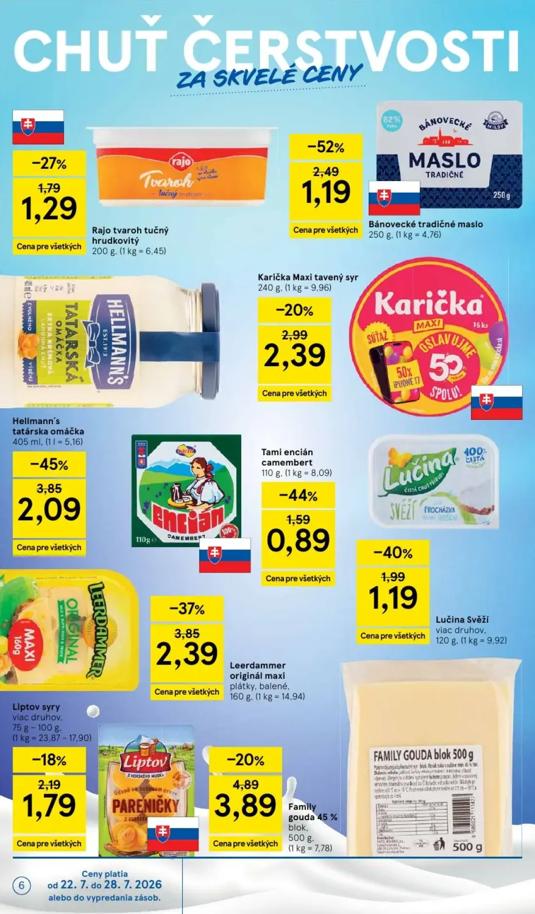 Tesco leták, strana 6 z 50 — Hellmann's tatárska omáčka, Leerdammer originál maxi, Bánovecké tradičné maslo