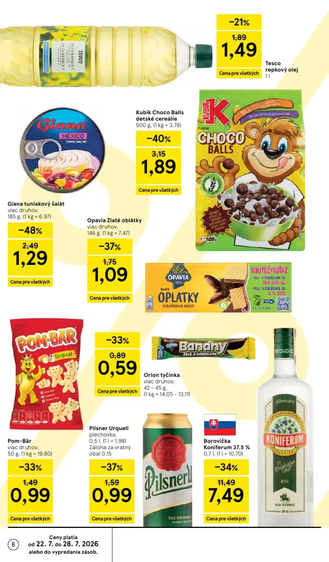 Tesco leták, strana 8 z 50 — Borovička Koniferum 37,5%, Kubík Choco Balls detské cereálie, Giana tuniakový šalát