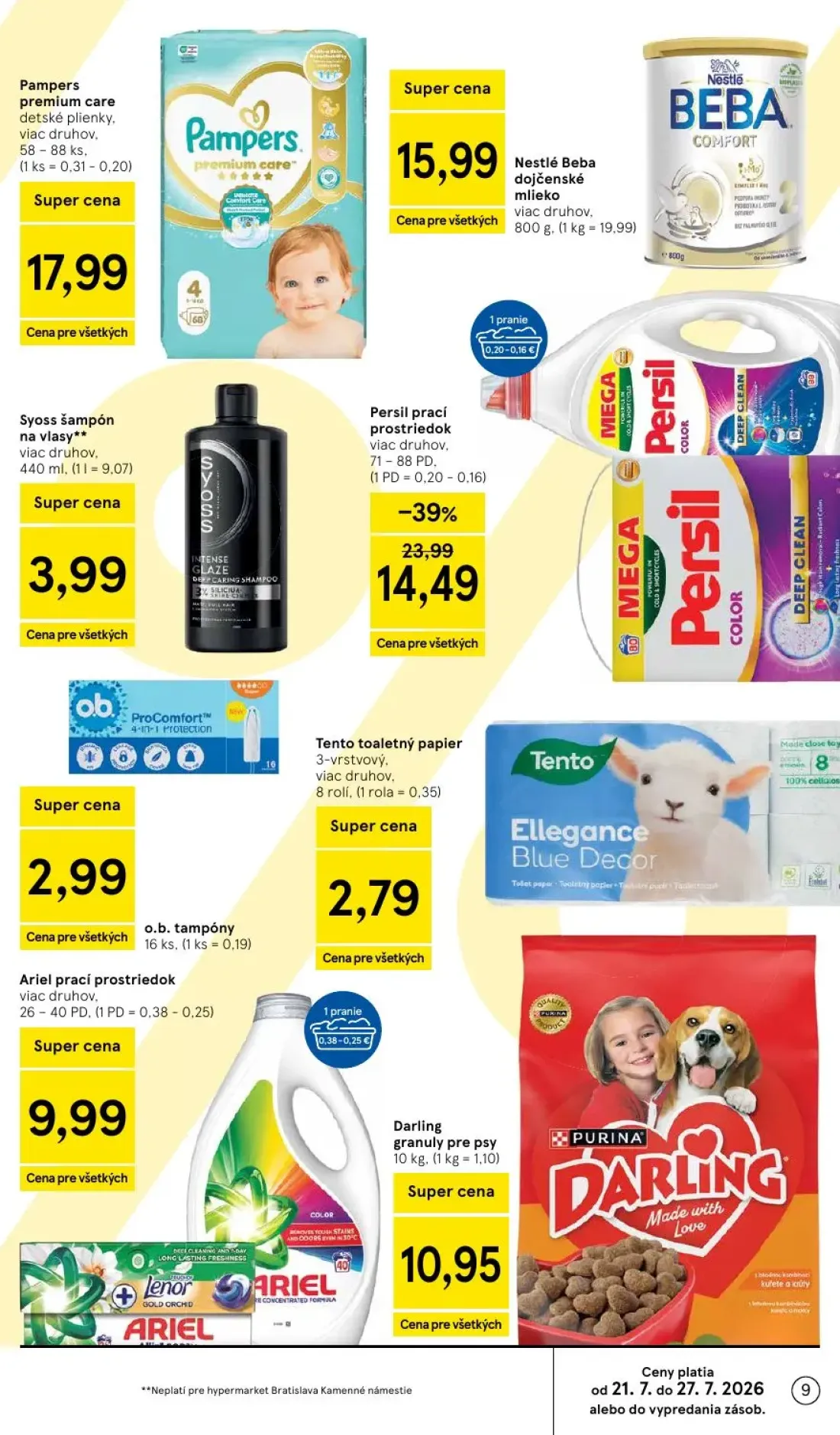 Tesco leták, strana 9 z 50 — Persil prací prostriedok, Pampers premium care detské plienky, Nestlé Beba dojčenské mlieko