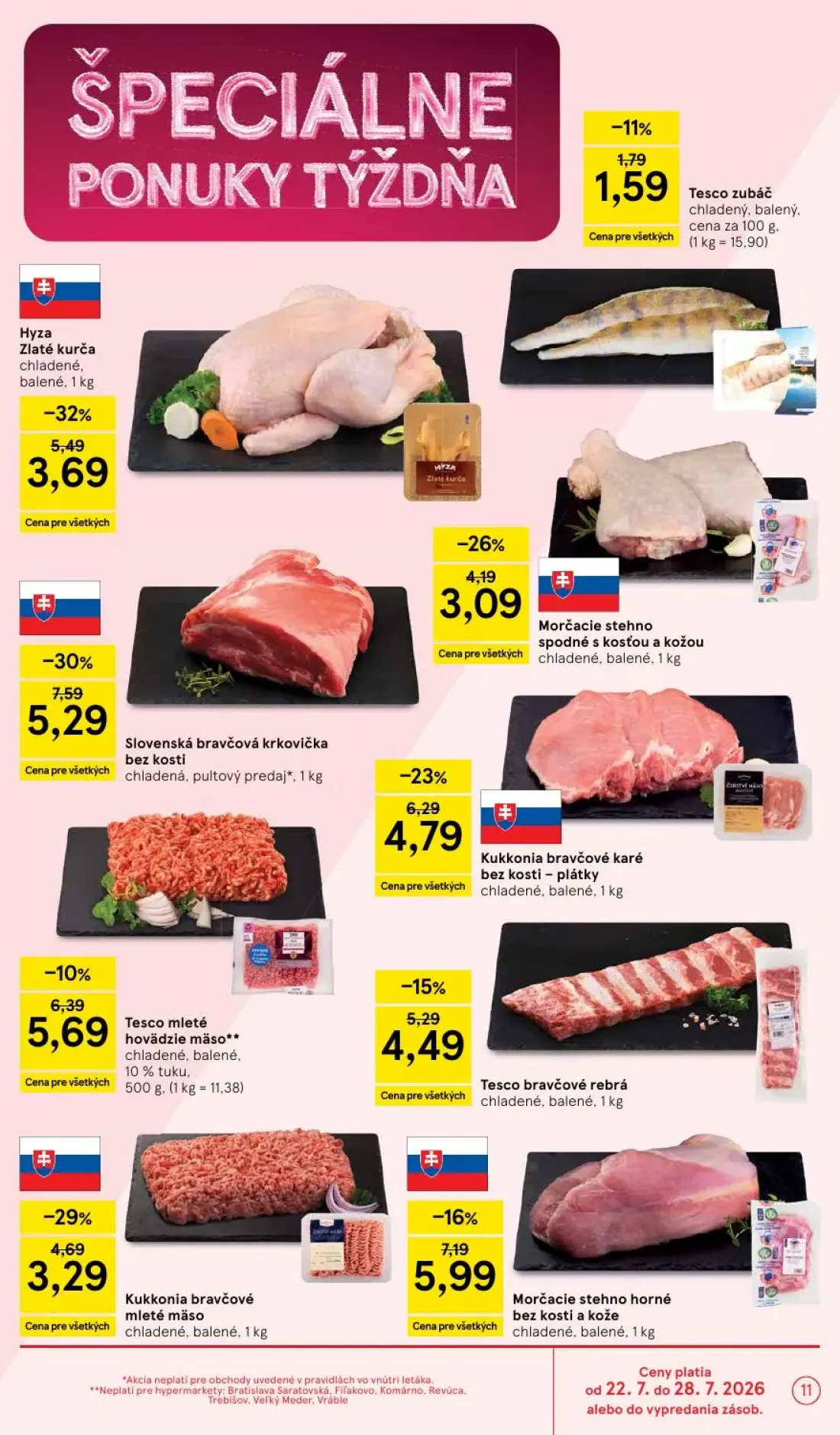 Tesco leták, strana 11 z 50 — Slovenská bravčová krkovička bez kosti, Hyza Zlaté kurča, Kukkonia bravčové karé bez kosti - p…