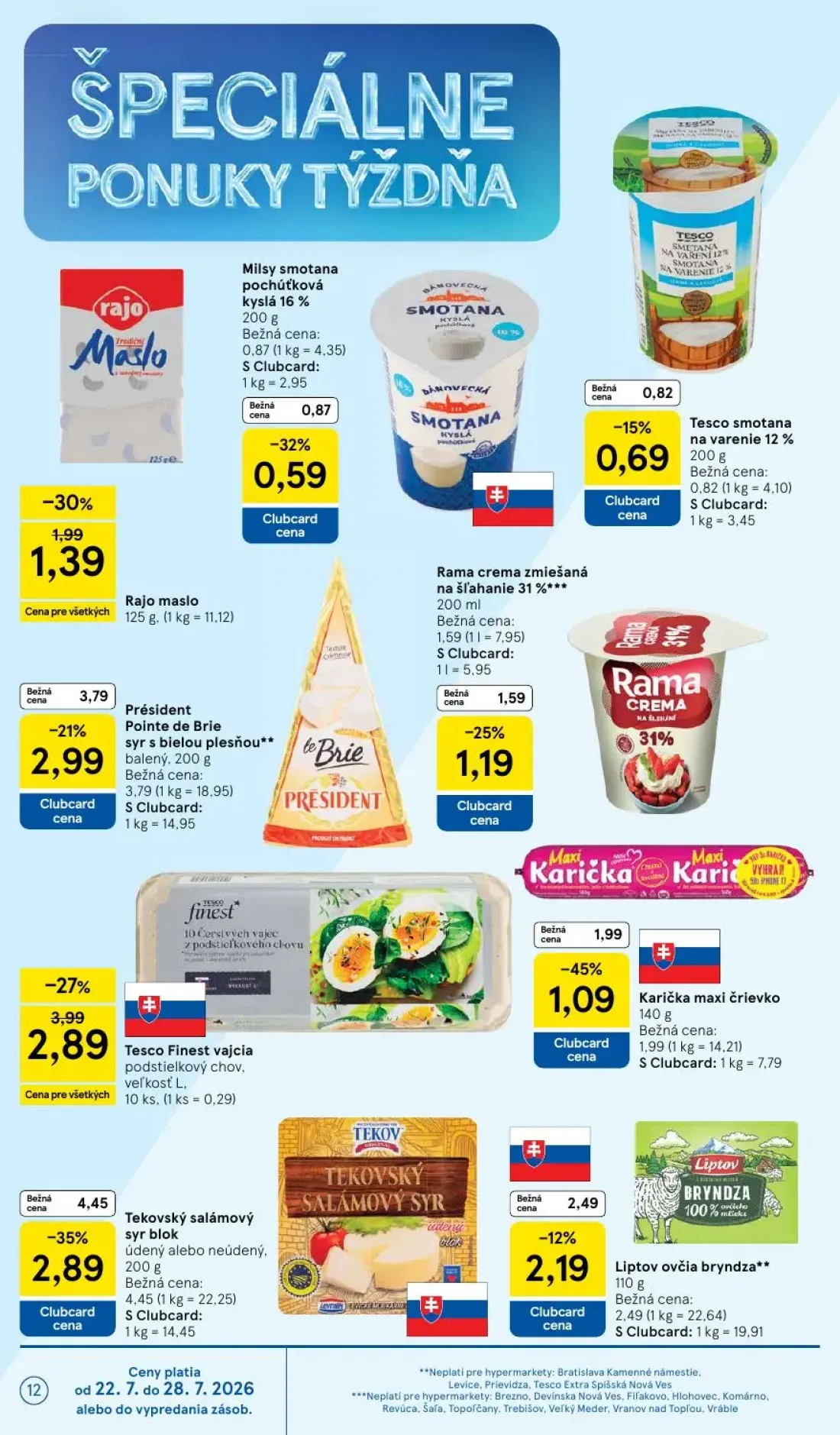 Tesco leták, strana 12 z 50 — Tekovský salámový syr blok údený alebo neúdený., Tesco Finest vajcia podstielkový chov, veľkos…