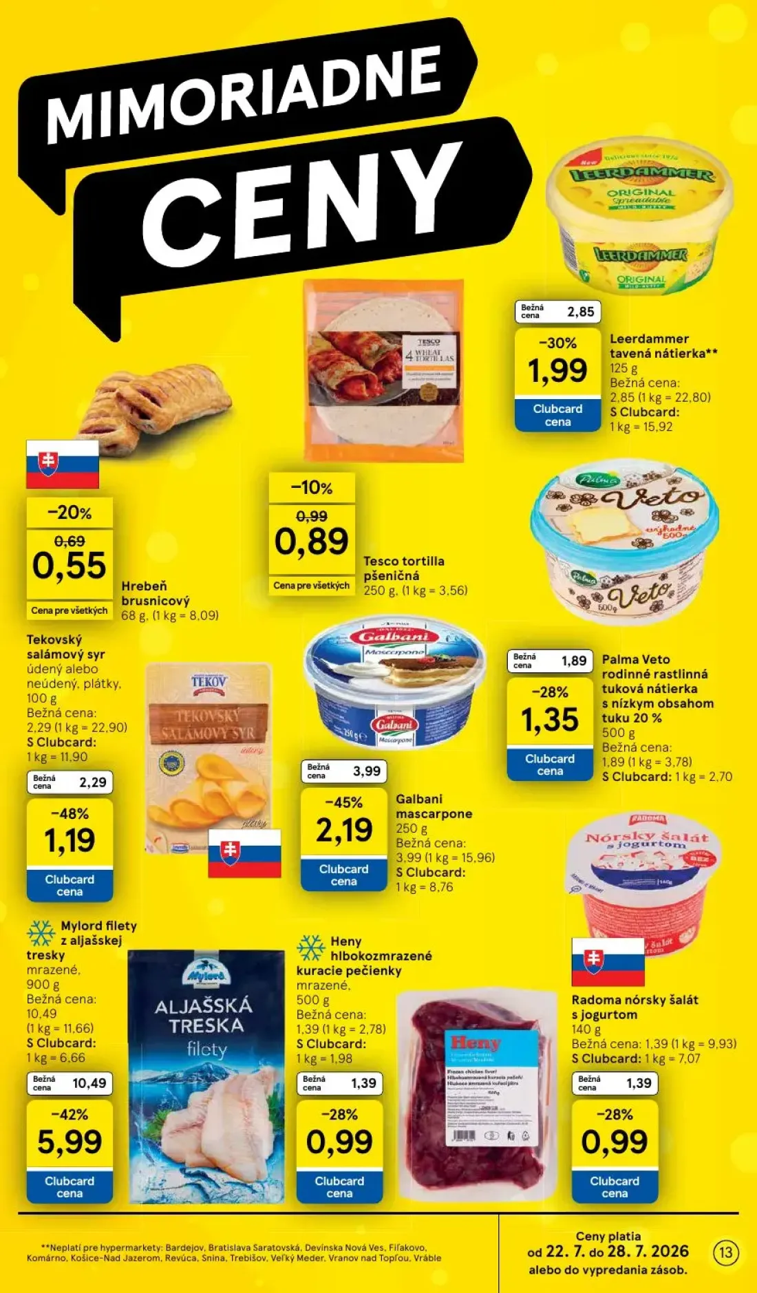 Tesco leták, strana 13 z 50 — Mylord filety z aljašskej tresky mrazené, Galbani mascarpone, Tekovský salámový syr