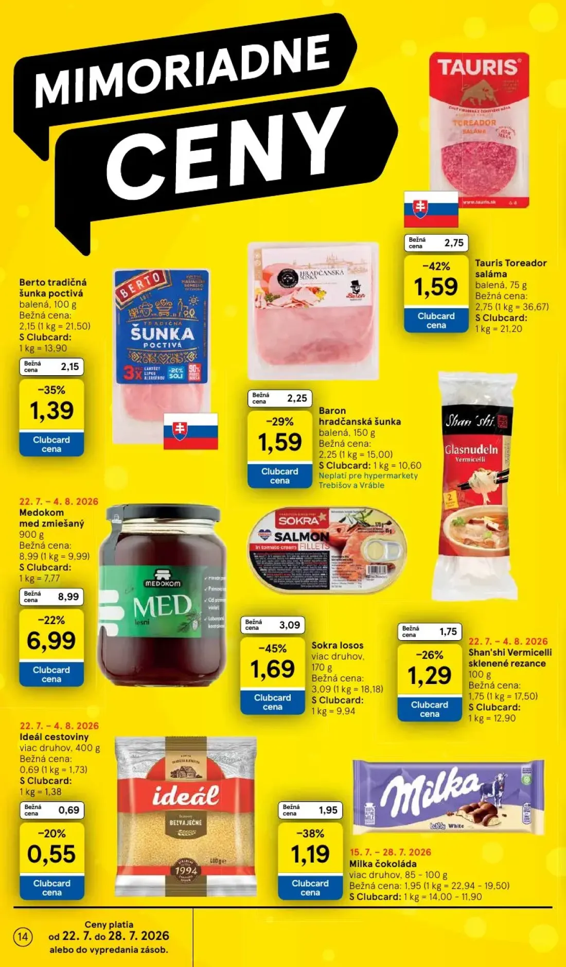 Tesco leták, strana 14 z 50 — Medokom med zmiešaný, Sokra losos, Tauris Toreador saláma