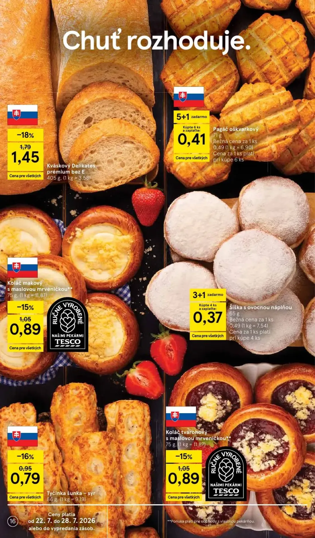 Tesco leták, strana 16 z 50 — Kváskový Delikates prémium bez E, Koláč makový s maslovou mrveničkou**, Tyčinka šunka - syr