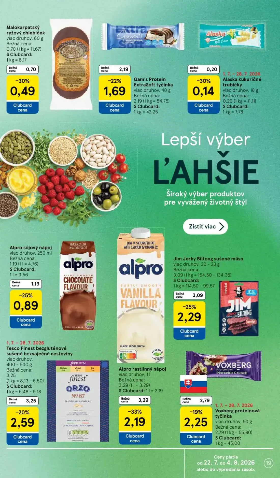 Tesco leták, strana 19 z 50 — Alpro rastlinný nápoj, Jim Jerky Biltong sušené mäso, Tesco Finest bezgluténové sušené bezvaje…