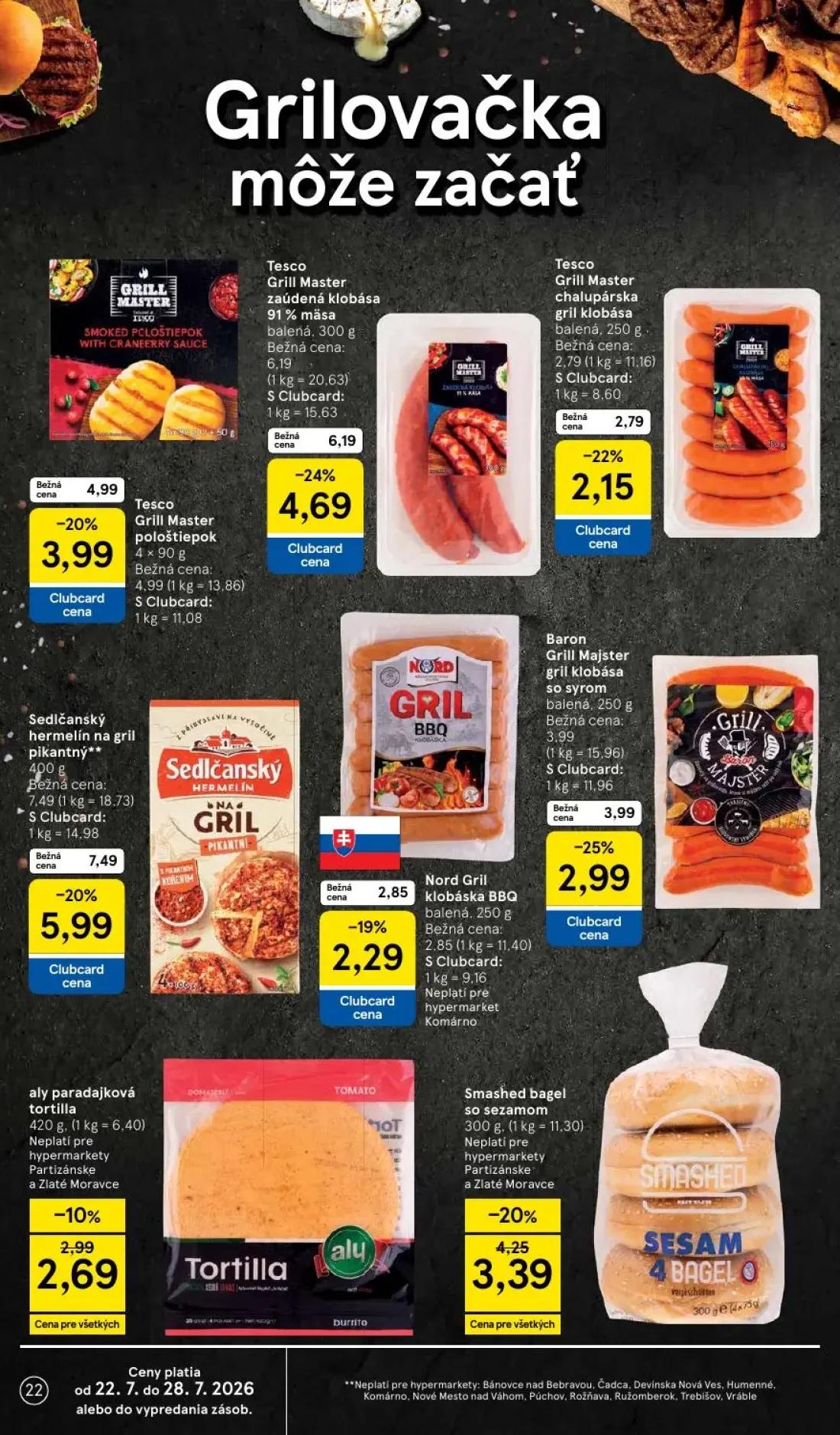 Tesco leták, strana 22 z 50 — Tesco Grill Master zaúdená klobása 91% mäsa, Sedlčanský hermelín na gril pikantný, Tesco Grill…