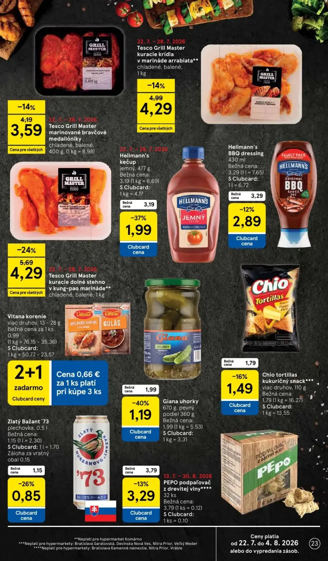 Tesco leták, strana 23 z 50 — Tesco Grill Master kuracie dolné stehno v kung-pao marináde, Hellmann's kečup jemný, Giana uho…