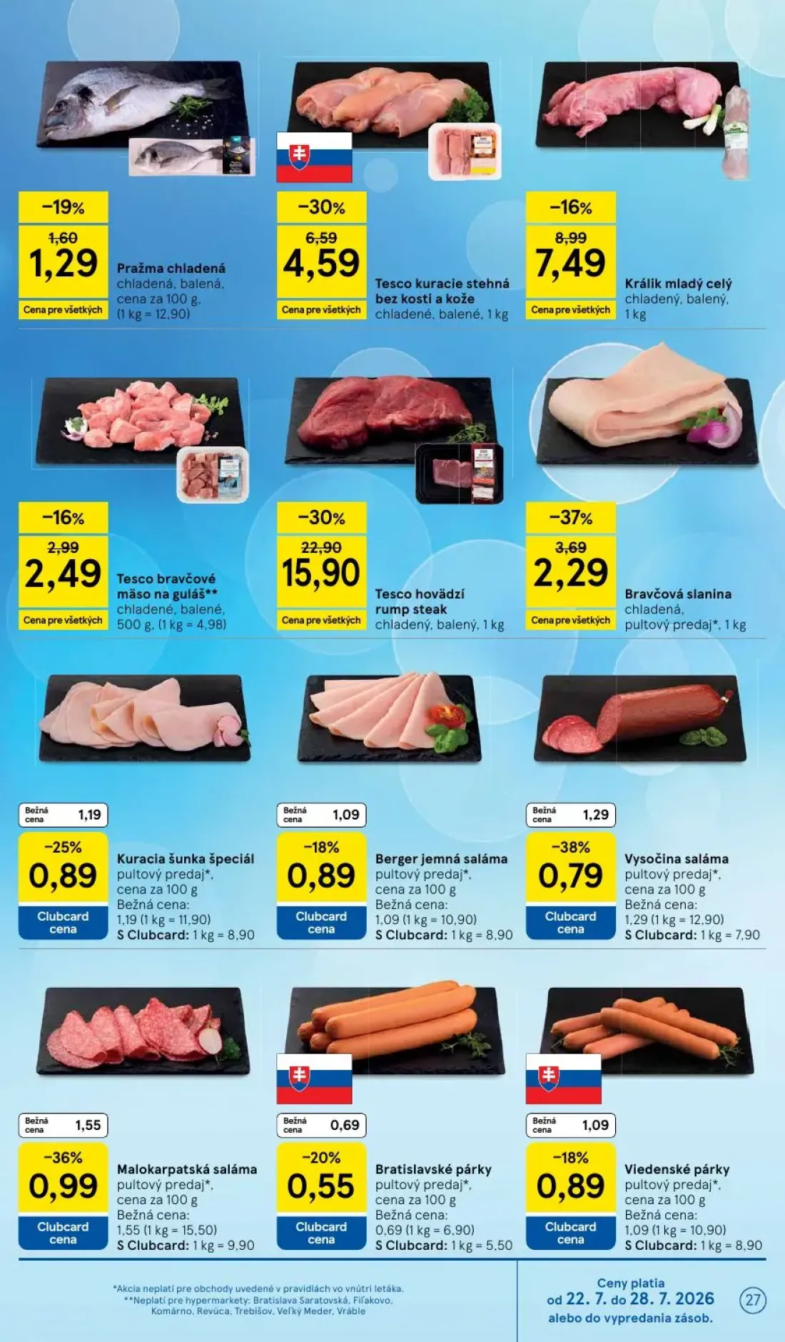 Tesco leták, strana 27 z 50 — Tesco hovädzí rump steak, Tesco kuracie stehná bez kosti a kože, Králik mladý celý