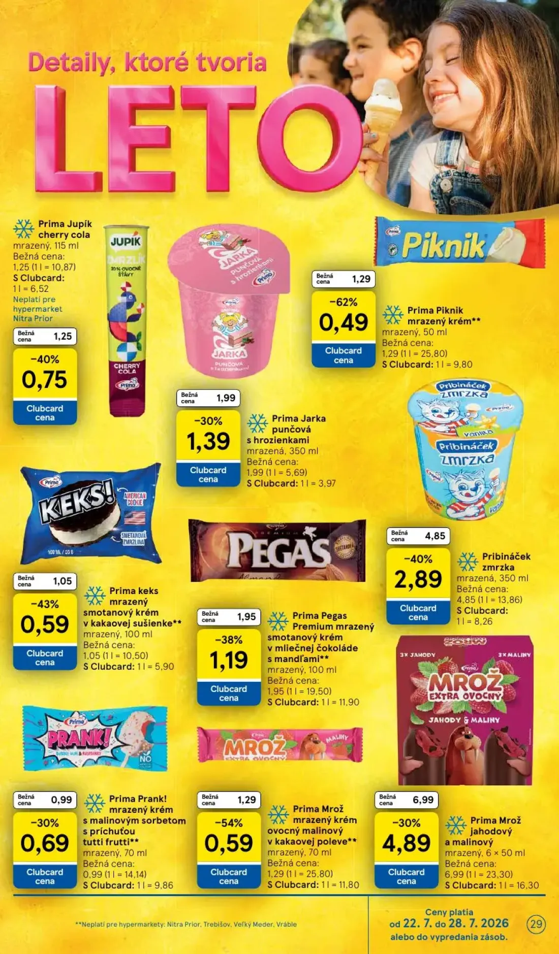 Tesco leták, strana 29 z 50 — Prima Mrož jahodový a malinový mrazený, Pribináček zmrzka mrazená, Prima Piknik mrazený krém