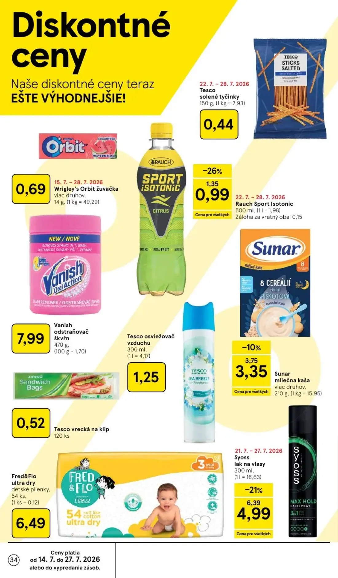 Tesco leták, strana 34 z 50 — Syoss lak na vlasy, Sunar mliečna kaša, Rauch Sport Isotonic