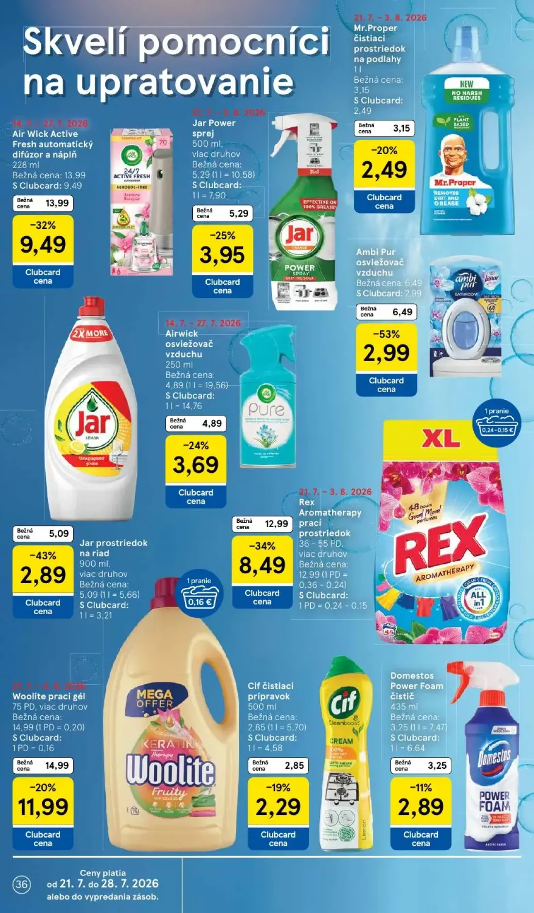 Tesco leták, strana 36 z 50 — Air Wick Active Fresh automatický difúzor a náplň, Rex Aromatherapy prací prostriedok, Ambi Pu…