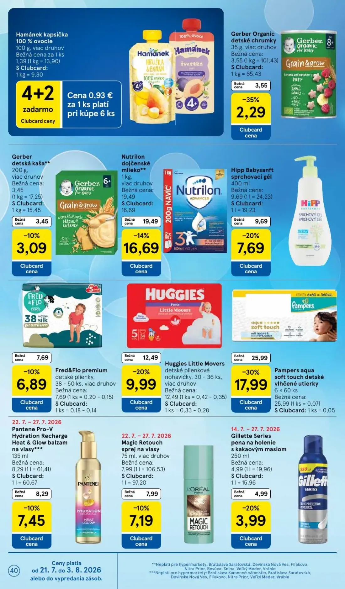 Tesco leták, strana 40 z 50 — Pampers aqua soft touch detské vlhčené utierky, Nutrilon dojčenské mlieko, Huggies Little Move…