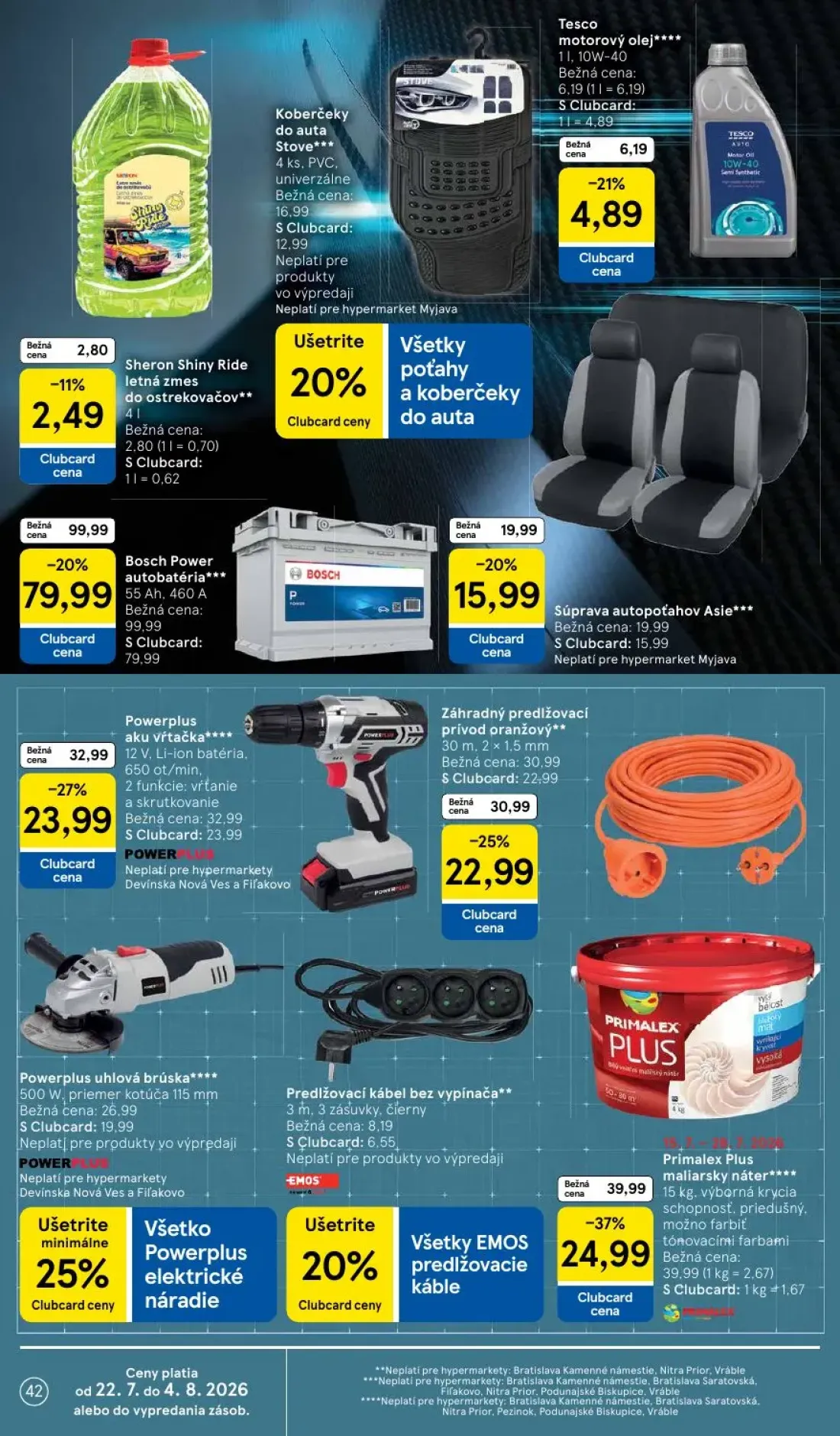Tesco leták, strana 42 z 50 — Bosch Power autobatéria, Primalex Plus maliarsky náter, Powerplus aku vŕtačka