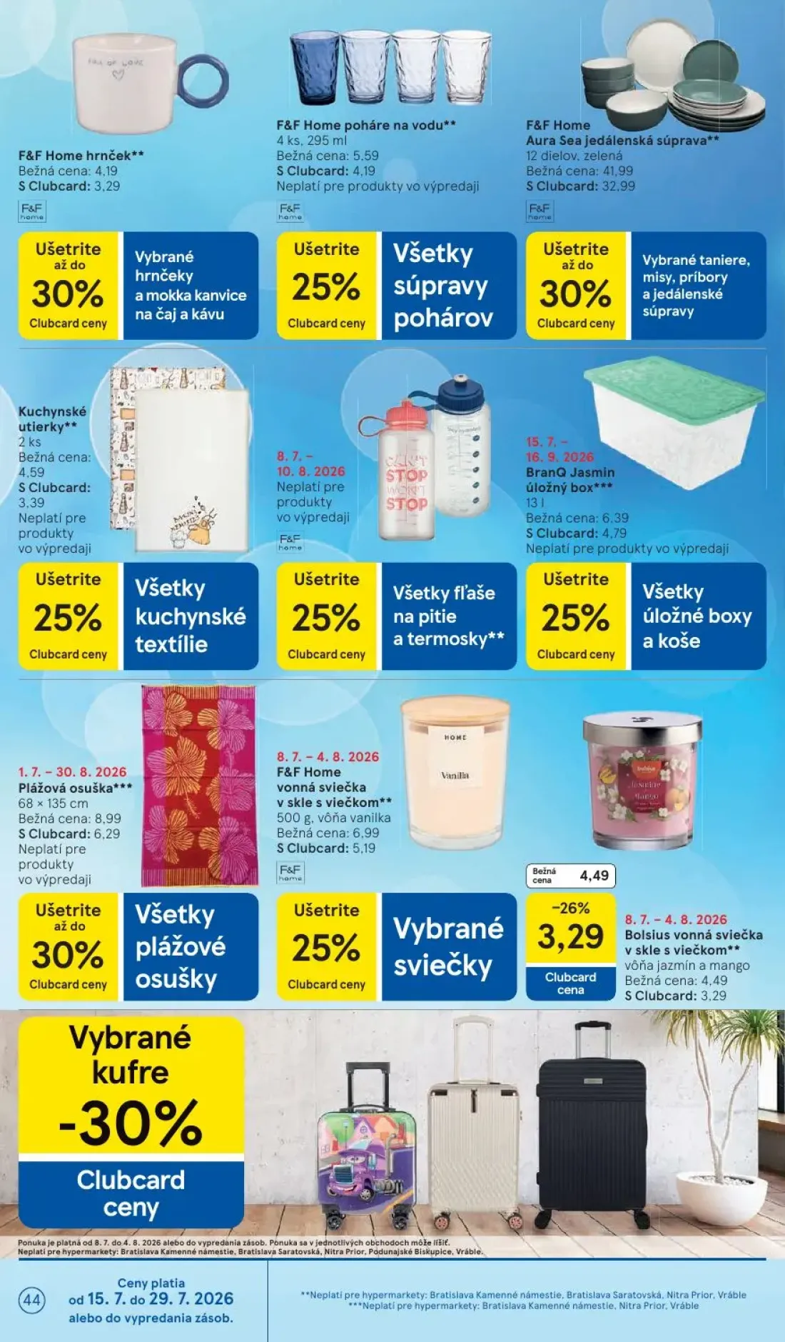 Tesco leták, strana 44 z 50 — F&F Home Aura Sea jedálenská súprava, Plážová osuška, F&F Home vonná sviečka v skle s viečkom