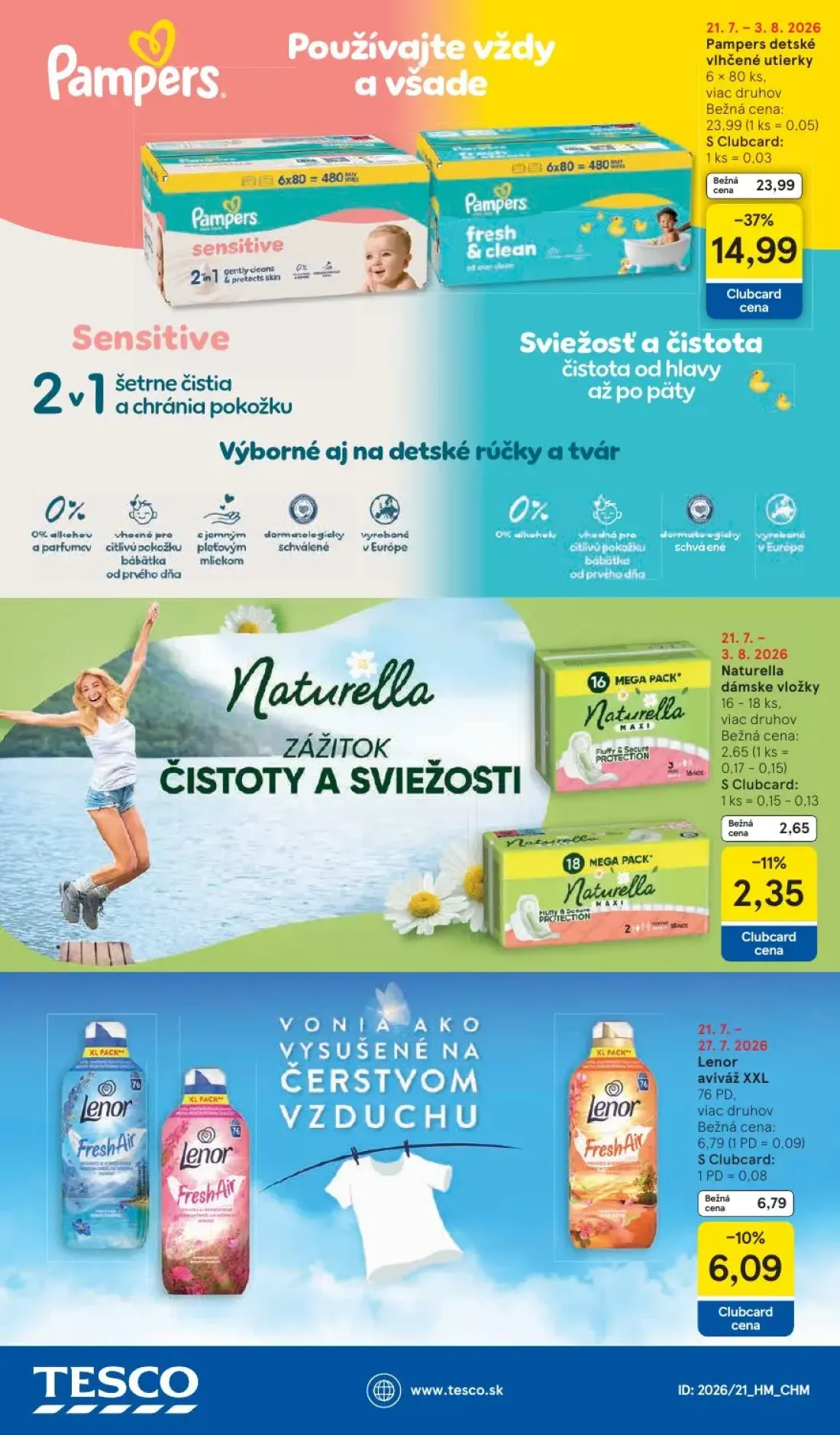 Tesco leták, strana 50 z 50 — Pampers detské vlhčené utierky, Lenor aviváž XXL, Naturella dámske vložky