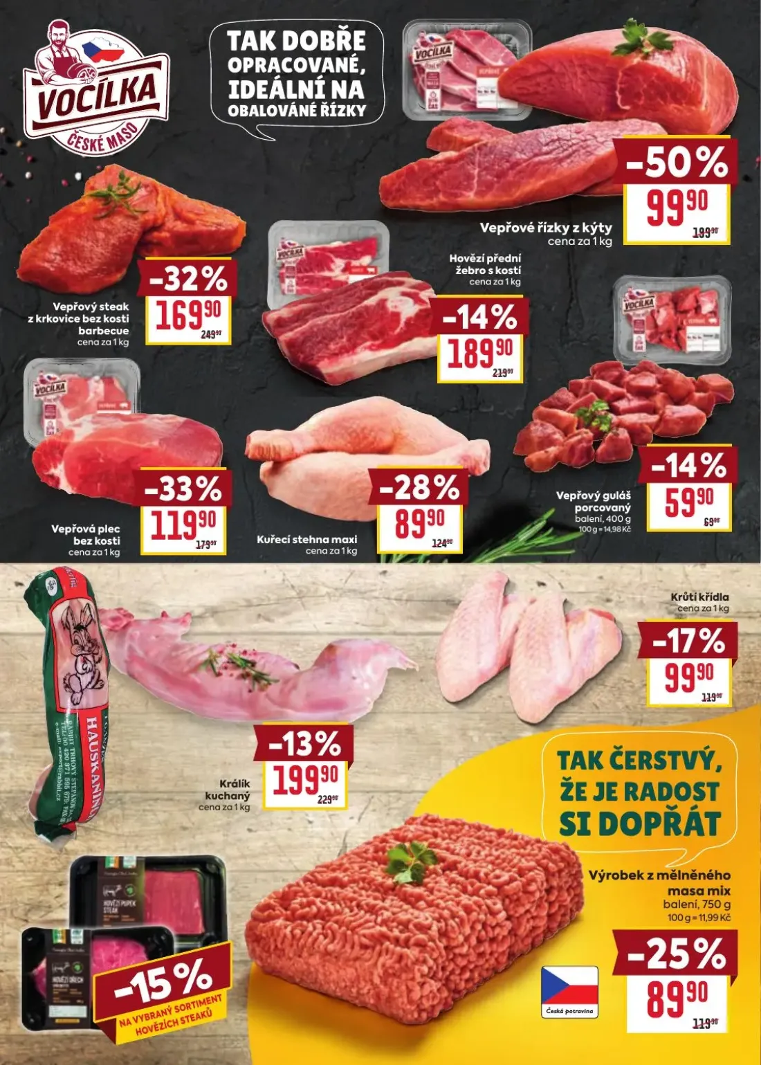 Billa leták, strana 3 z 38 — Vepřové řízky z kýty, Vepřový steak z krkovice bez kosti barbecue, Vepřová plec bez kosti