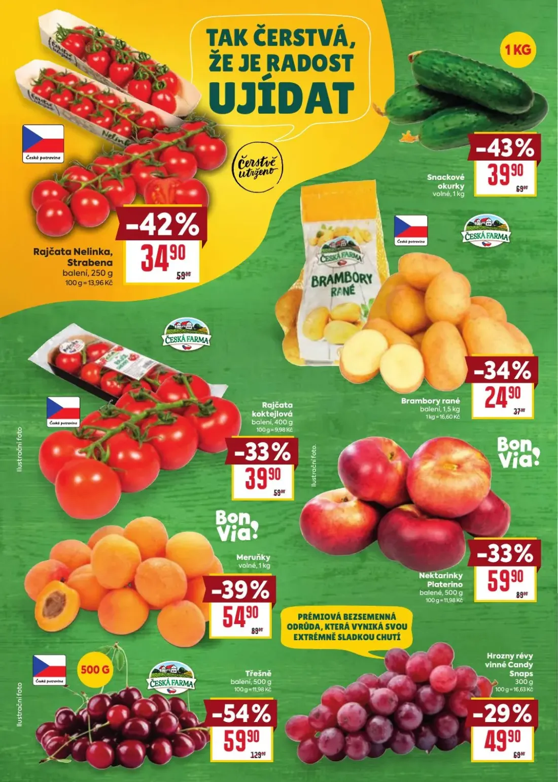 Billa leták, strana 8 z 38 — Třešně, Meruňky, Snackové okurky