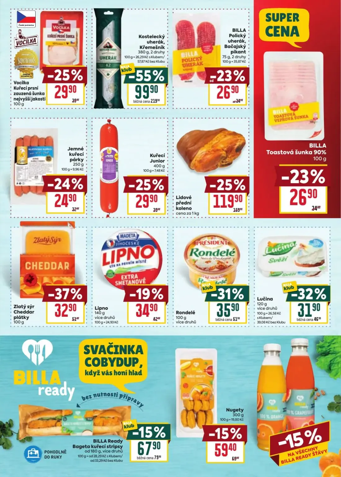 Billa leták, strana 15 z 38 — Kostelecký uherák, Křemešník, Lidové přední koleno, Zlatý sýr Cheddar plátky