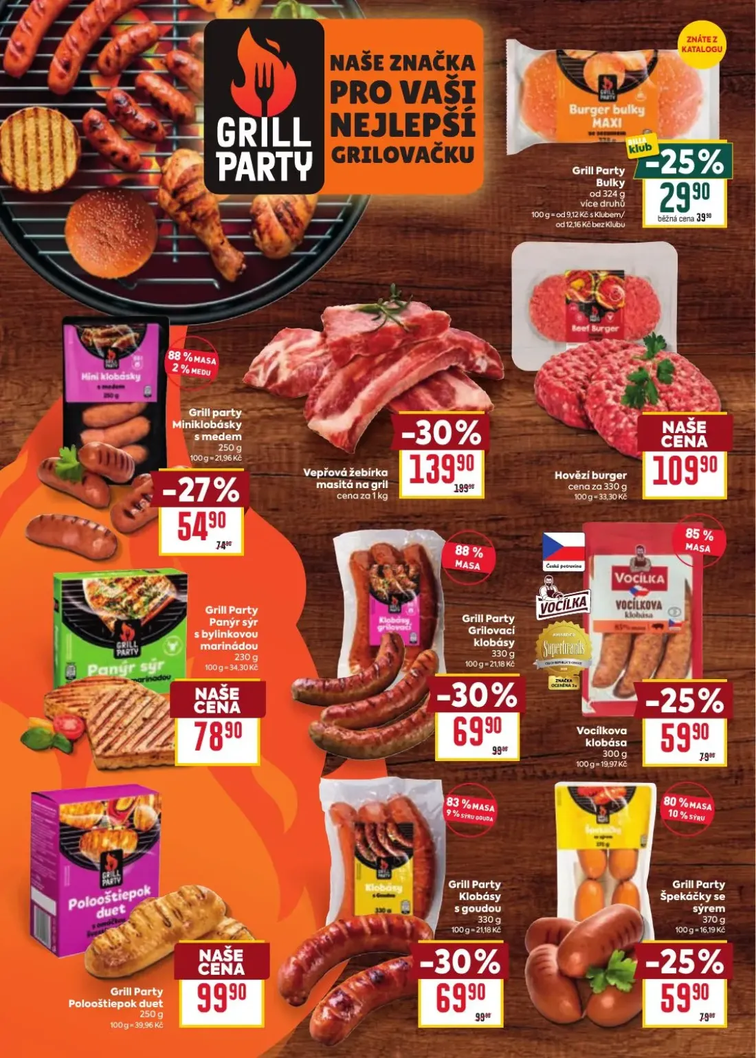 Billa leták, strana 16 z 38 — Vepřová žebírka masitá na gril, Grill Party Grilovací klobásy, Grill Party Klobásy s goudou