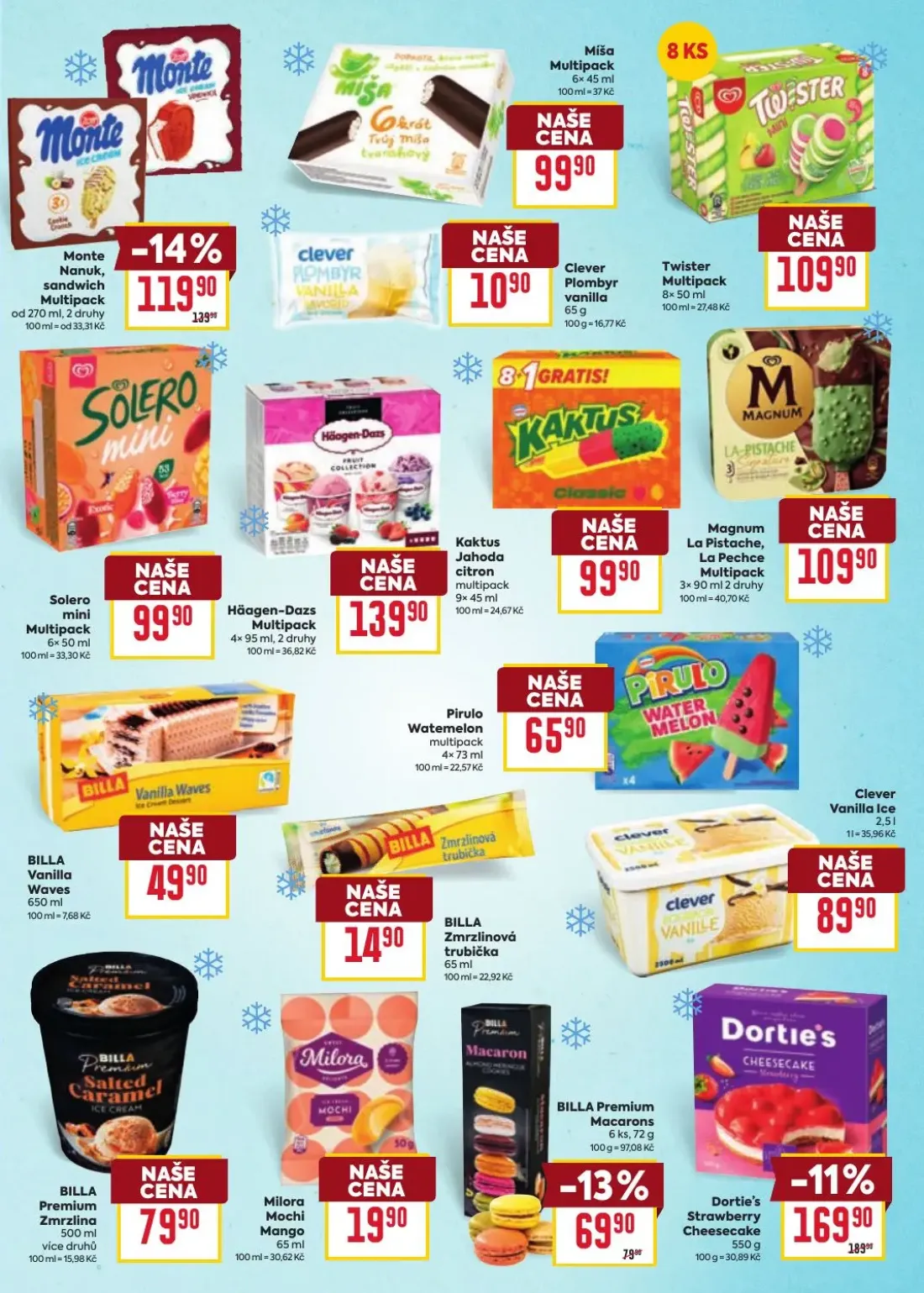 Billa leták, strana 21 z 38 — Monte Nanuk, sandwich Multipack, Dortie's Strawberry Cheesecake, BILLA Premium Macarons