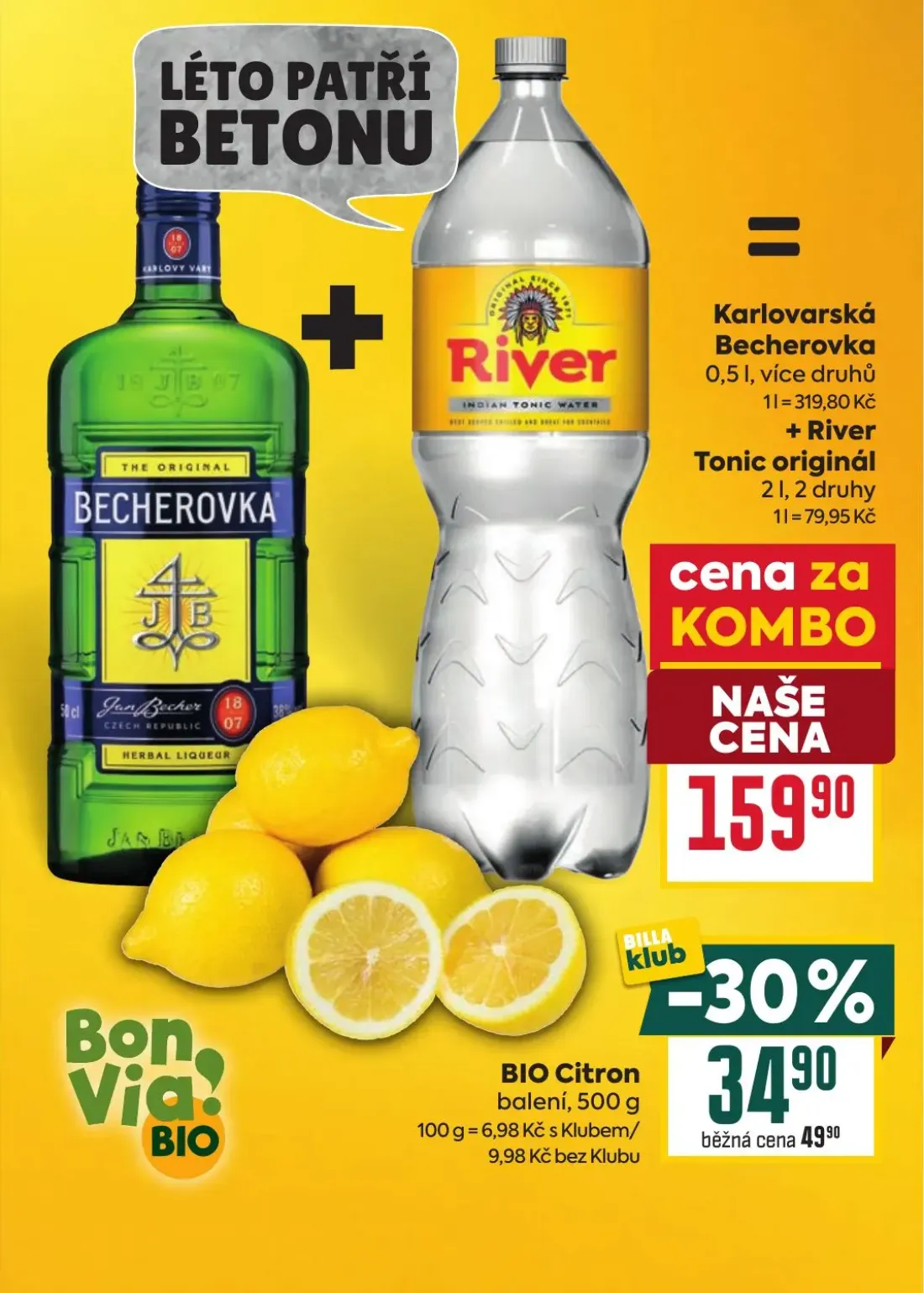 Billa leták, strana 27 z 38 — BIO Citron, Karlovarská Becherovka + River Tonic originál