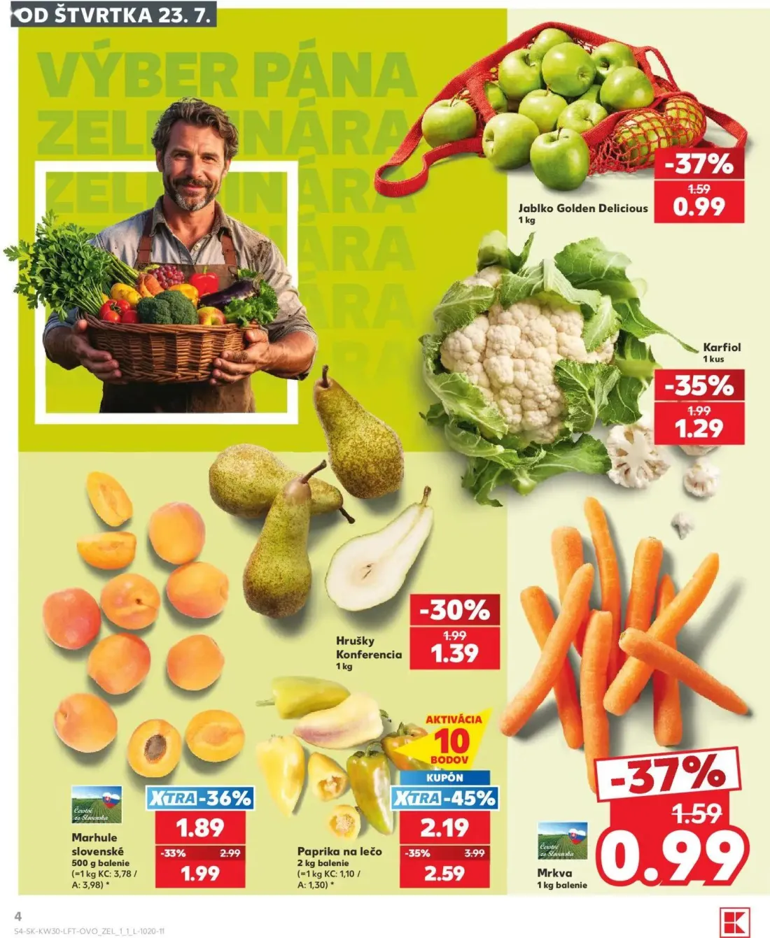 Kaufland leták, strana 4 z 74 — Paprika na lečo, Marhule slovenské, Karfiol