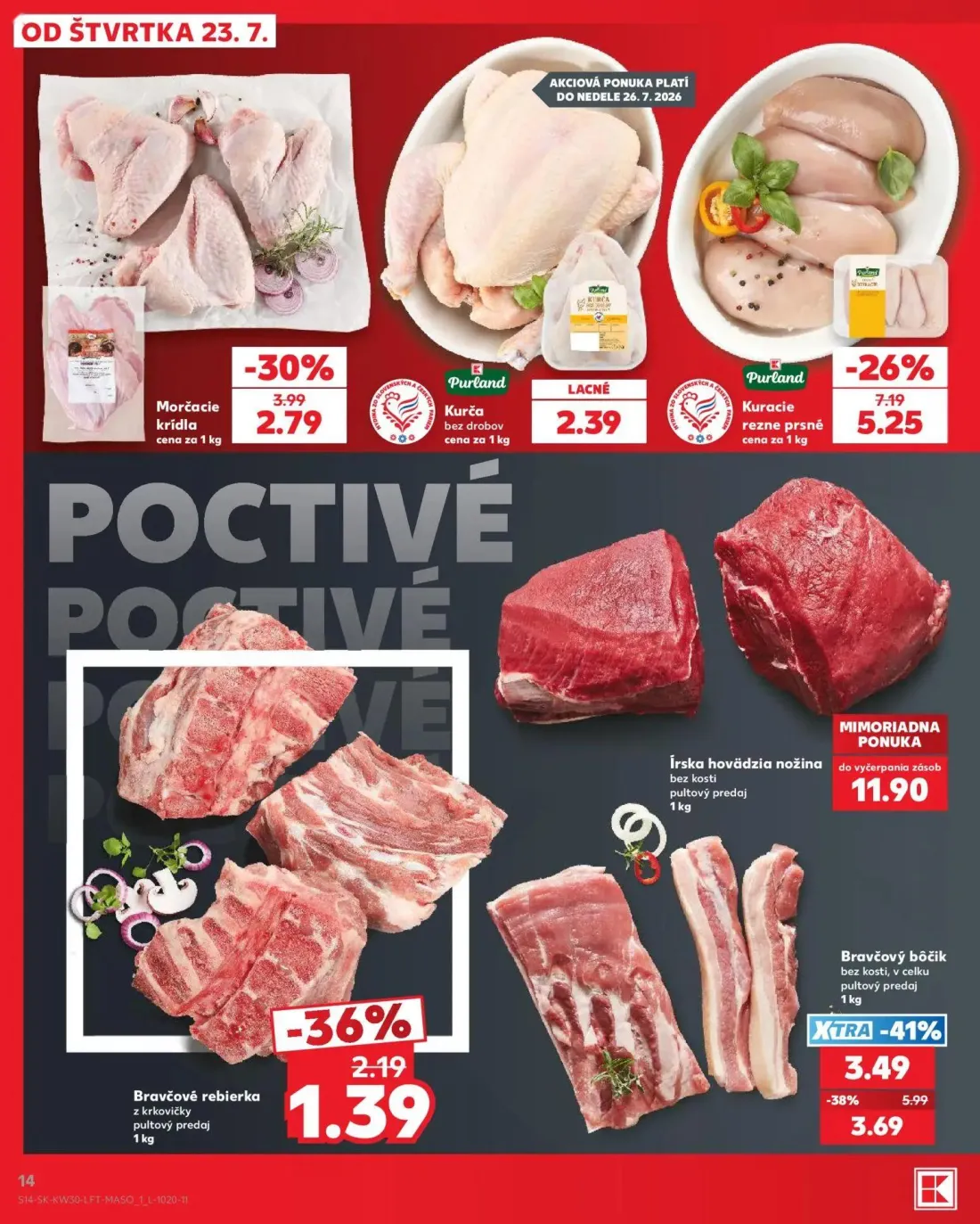 Kaufland leták, strana 14 z 74 — Bravčový bôčik bez kosti, v celku, Kuracie rezne prsné, Morčacie krídla
