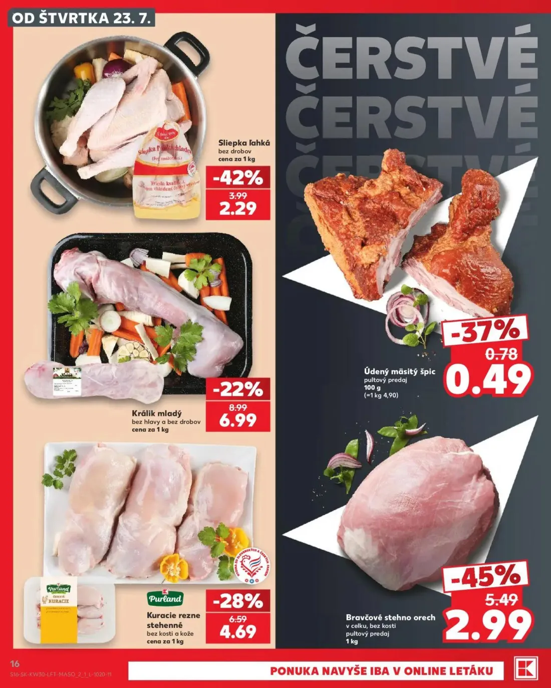 Kaufland leták, strana 16 z 74 — Bravčové stehno orech, Králik mladý, Kuracie rezne stehenné