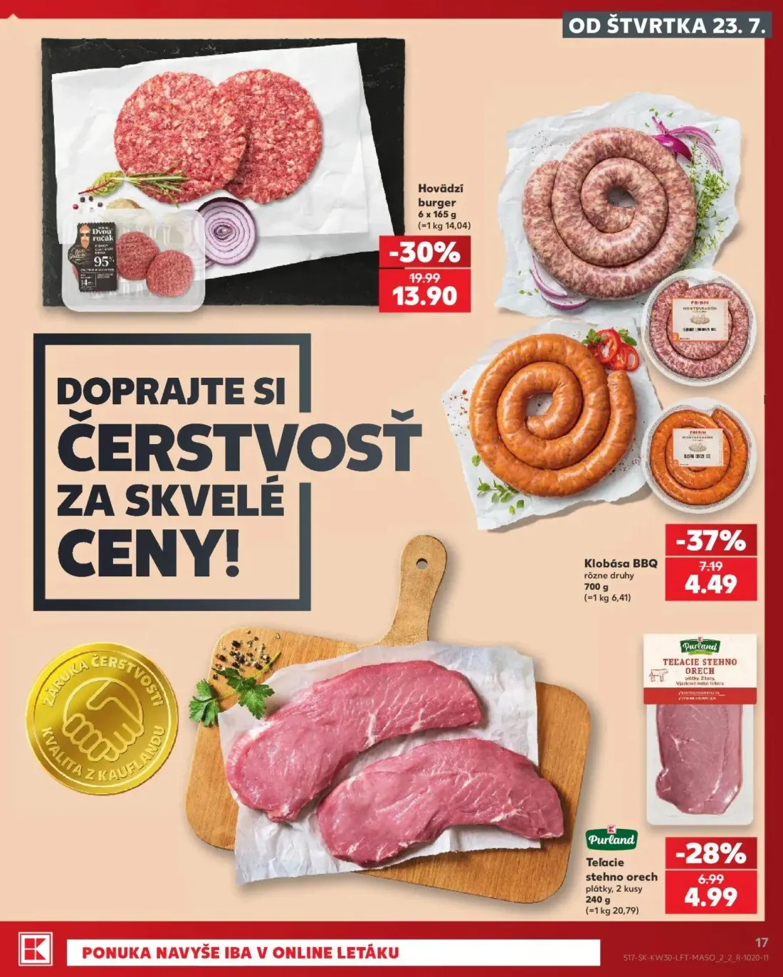 Kaufland leták, strana 17 z 74 — Hovädzí burger, Klobása BBQ, Teľacie stehno orech