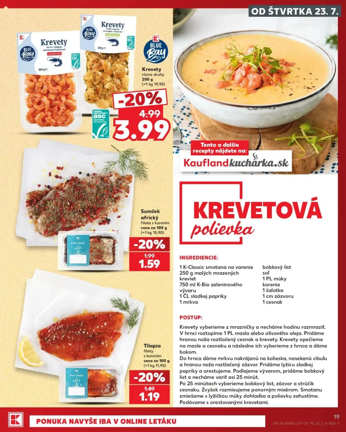 Kaufland leták, strana 19 z 74 — Krevety rôzne druhy, Sumček africký fileta s korením, Tilapia filety s korením