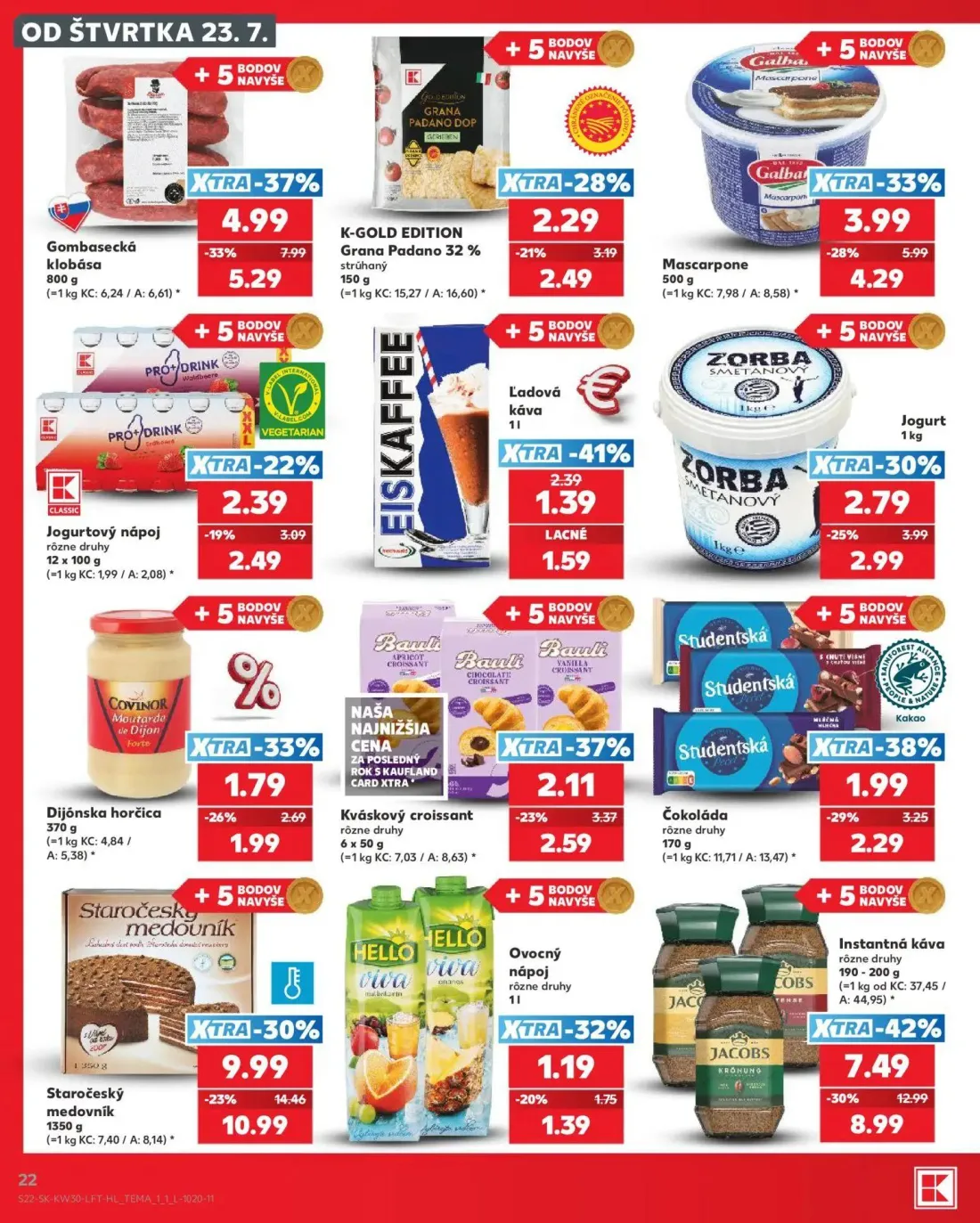 Kaufland leták, strana 22 z 74 — Instantná káva, Staročeský medovník, Gombasecká klobása