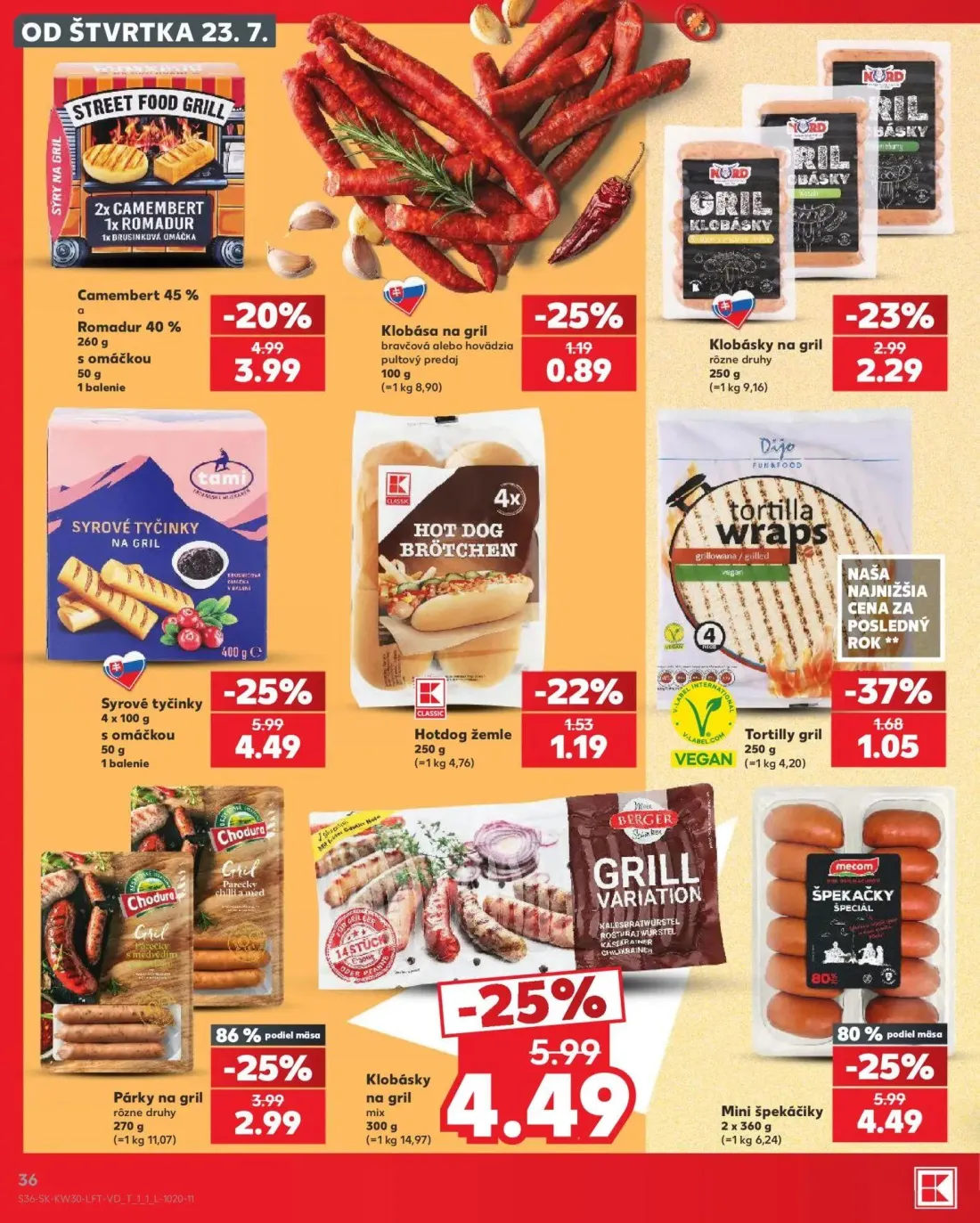 Kaufland leták, strana 36 z 74 — Syrové tyčinky, Klobásky na gril mix, Mini špekáčiky