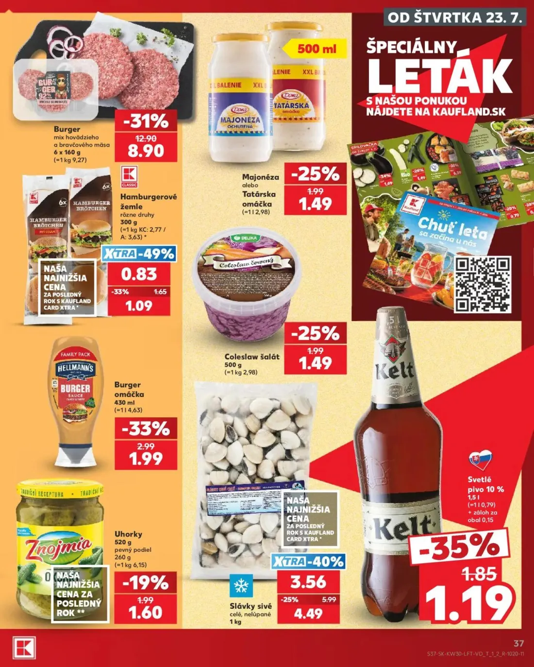 Kaufland leták, strana 37 z 74 — Burger mix hovädzieho a bravčového mäsa, Slávky sivé celé, nelúpané, Burger omáčka