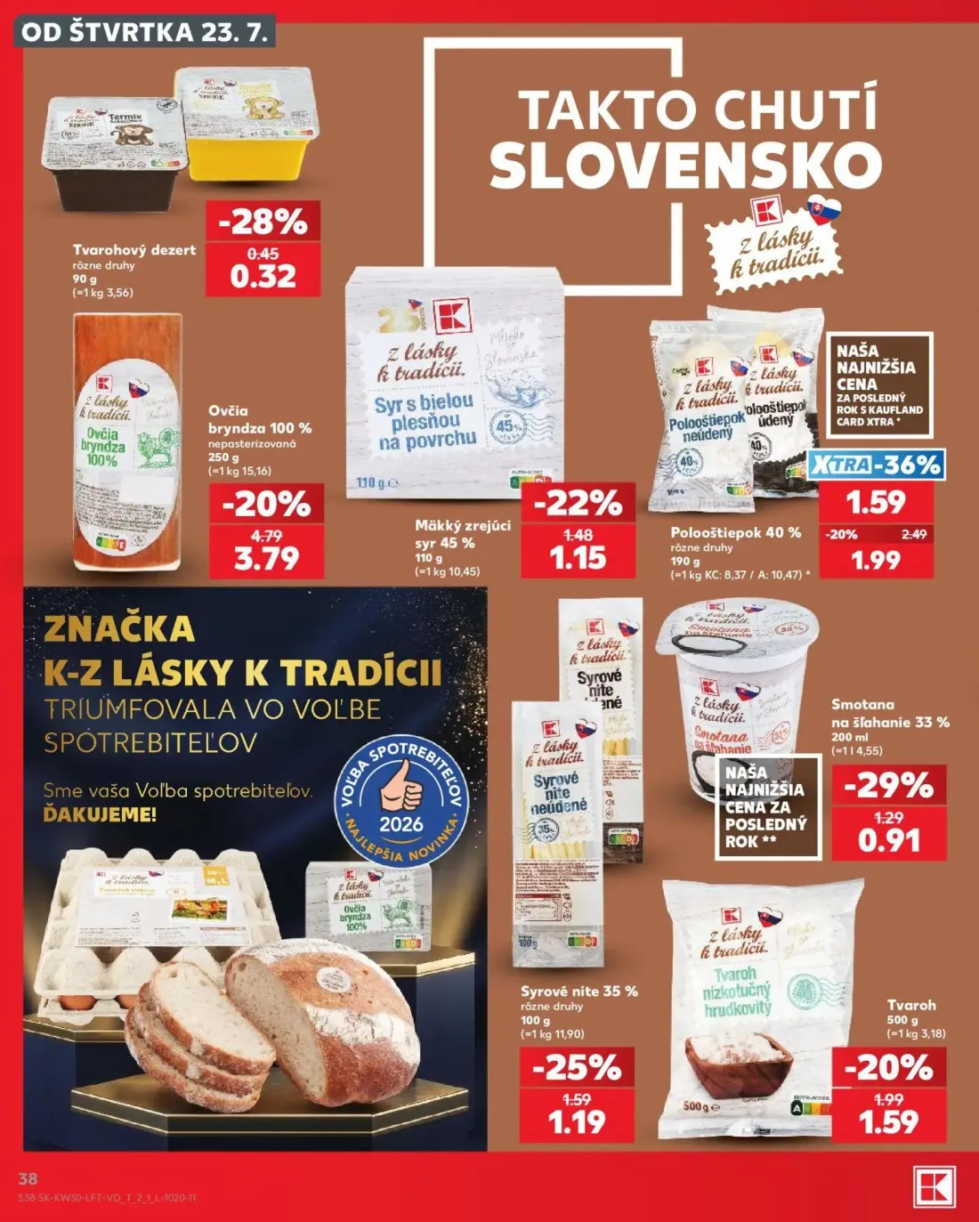 Kaufland leták, strana 38 z 74 — Ovčia bryndza 100% nepasterizovaná, Polooštiepok 40%, Syrové nite 35%