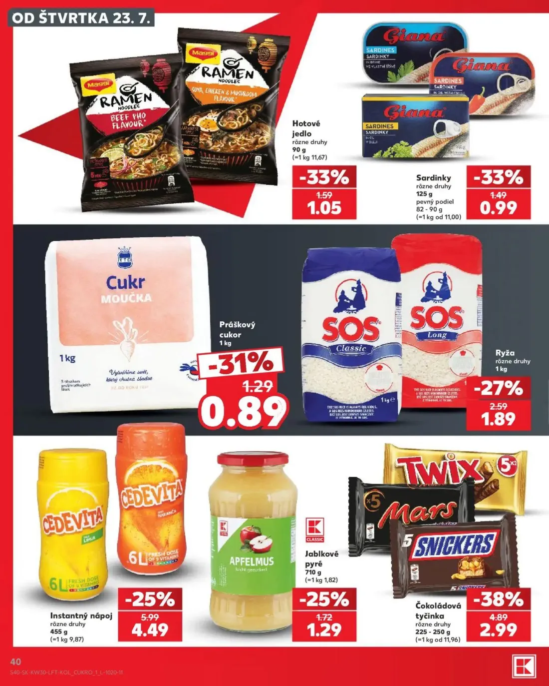 Kaufland leták, strana 40 z 74 — Čokoládová tyčinka, Instantný nápoj, Ryža