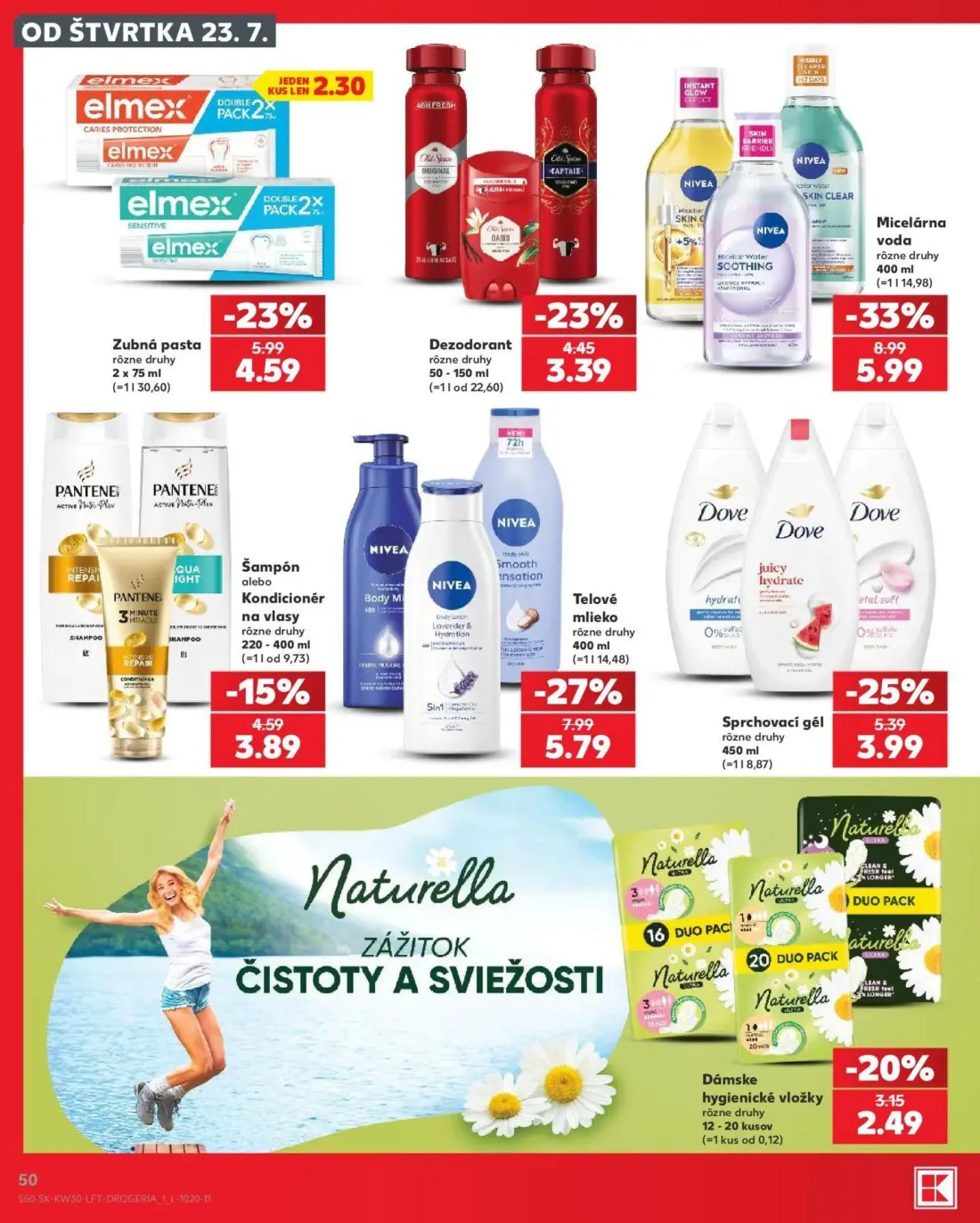 Kaufland leták, strana 50 z 74 — Micelárna voda, Telové mlieko Nivea, Zubná pasta elmex