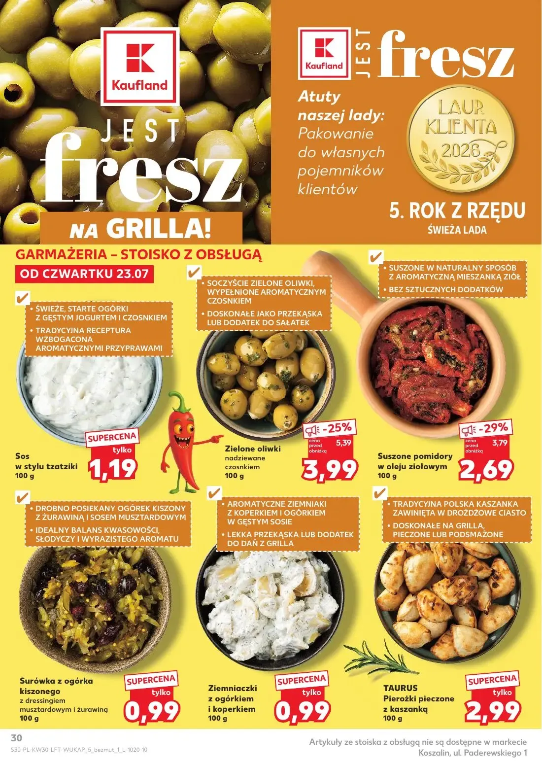 Kaufland gazetka, strona 30 z 68 — Zielone oliwki nadziewane czosnkiem, Suszone pomidory w oleju ziołowym, Sos w stylu tzatz…