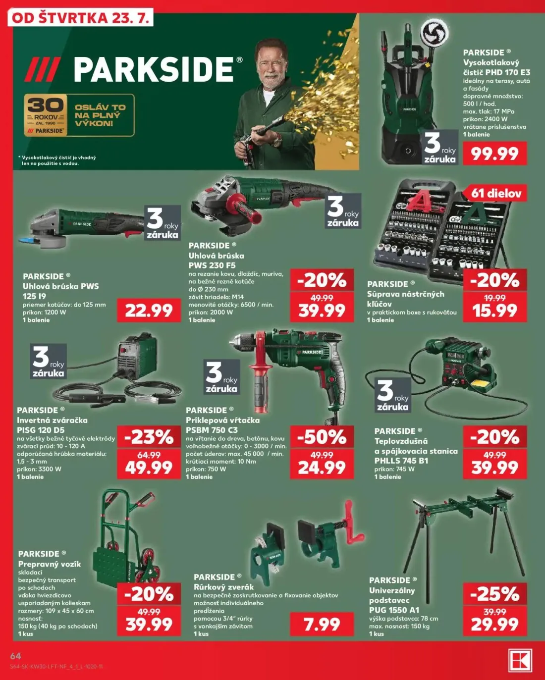 Kaufland leták, strana 64 z 74 — Príklepová vŕtačka PSBM 750 C3, Invertná zváračka PISG 120 D5, Uhlová brúska PWS 230 F5