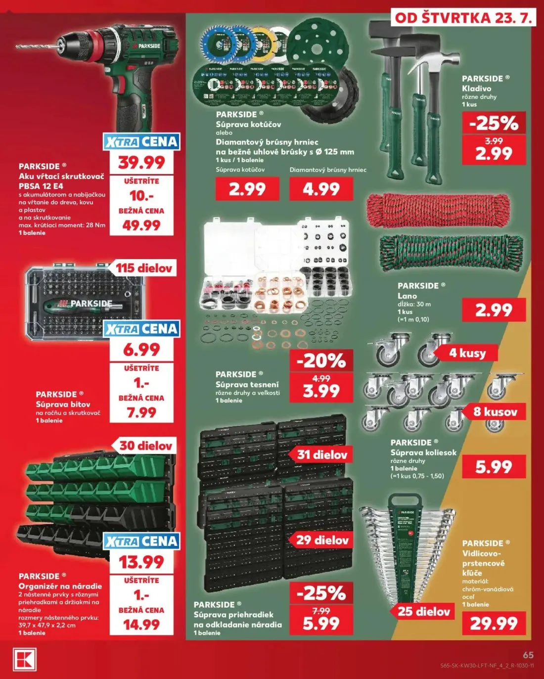 Kaufland leták, strana 65 z 74 — Aku vŕtací skrutkovač PBSA 12 E4, Súprava priehradiek, Kladivo