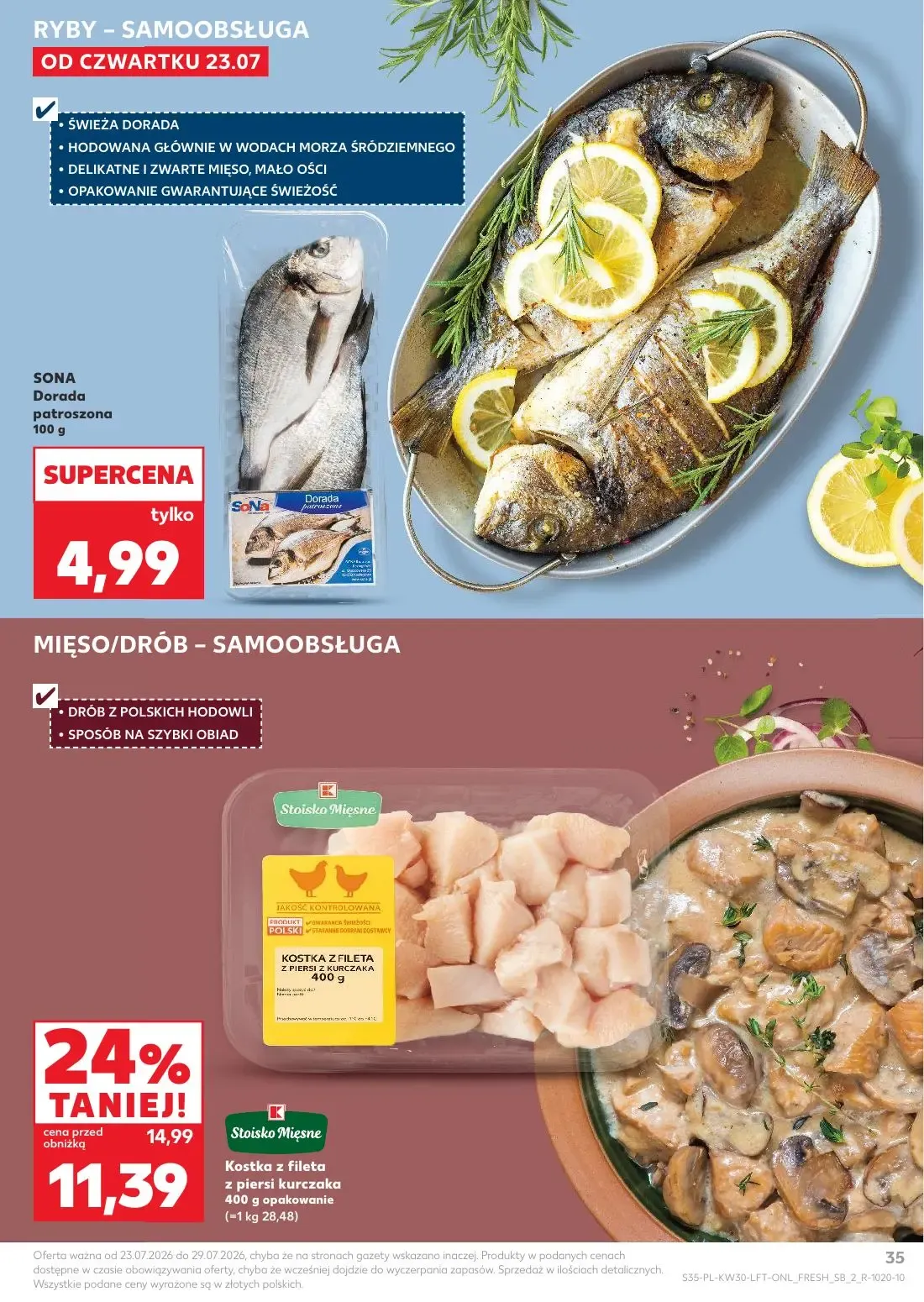 Kaufland gazetka, strona 35 z 68 — Stoisko Mięsne Kostka z fileta z piersi kurczaka, SONA Dorada patroszona
