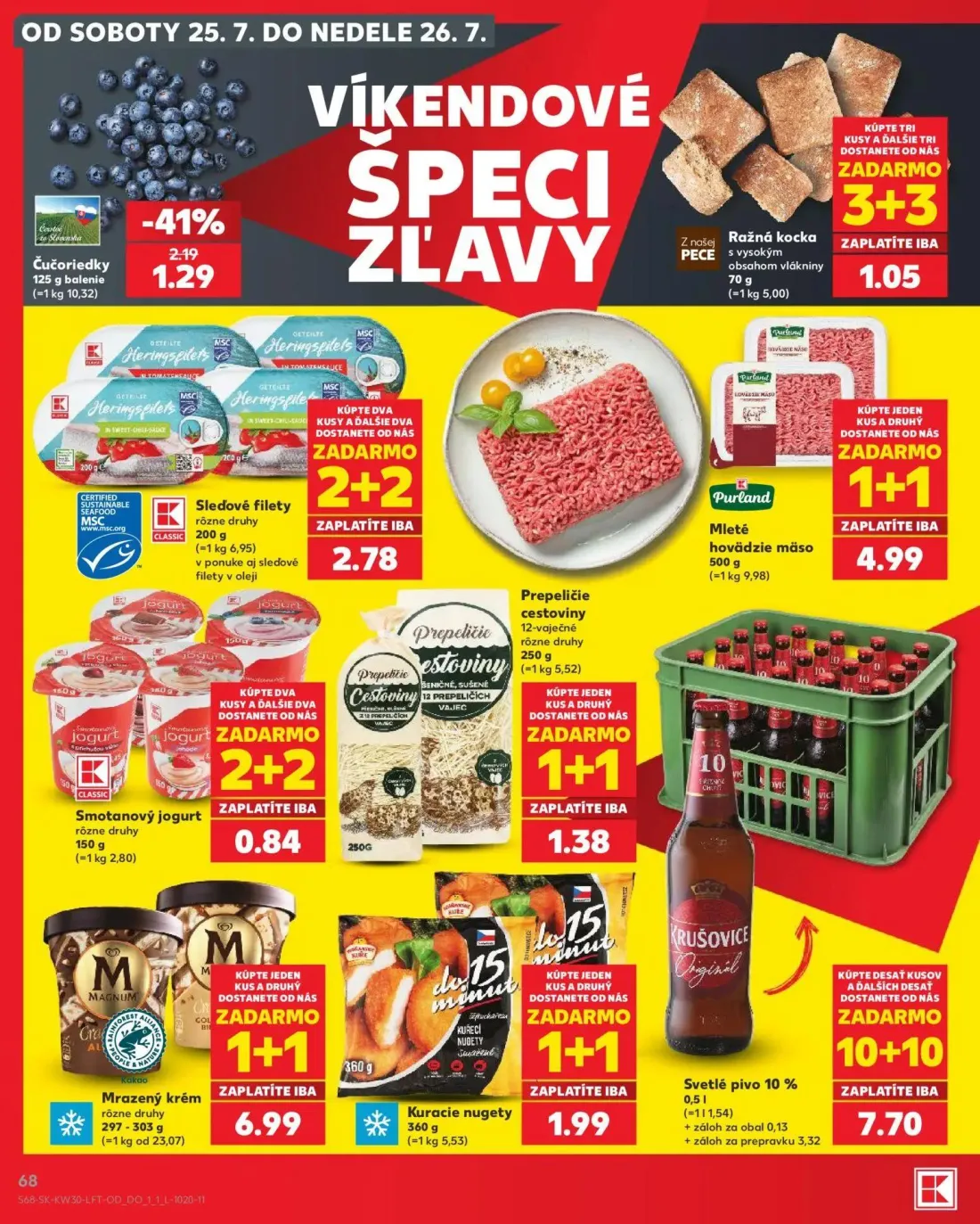 Kaufland leták, strana 68 z 74 — Čučoriedky, Ražná kocka, Sledové filety
