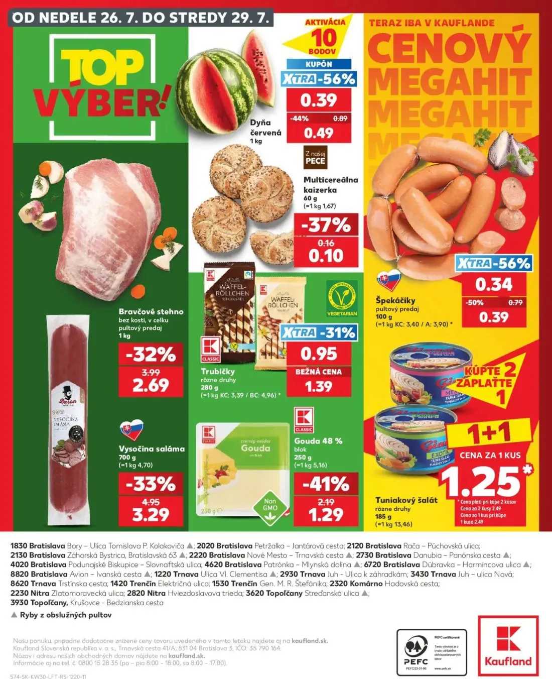 Kaufland leták, strana 74 z 74 — Vysočina saláma, Bravčové stehno bez kosti, v celku, Tuniakový šalát rôzne druhy
