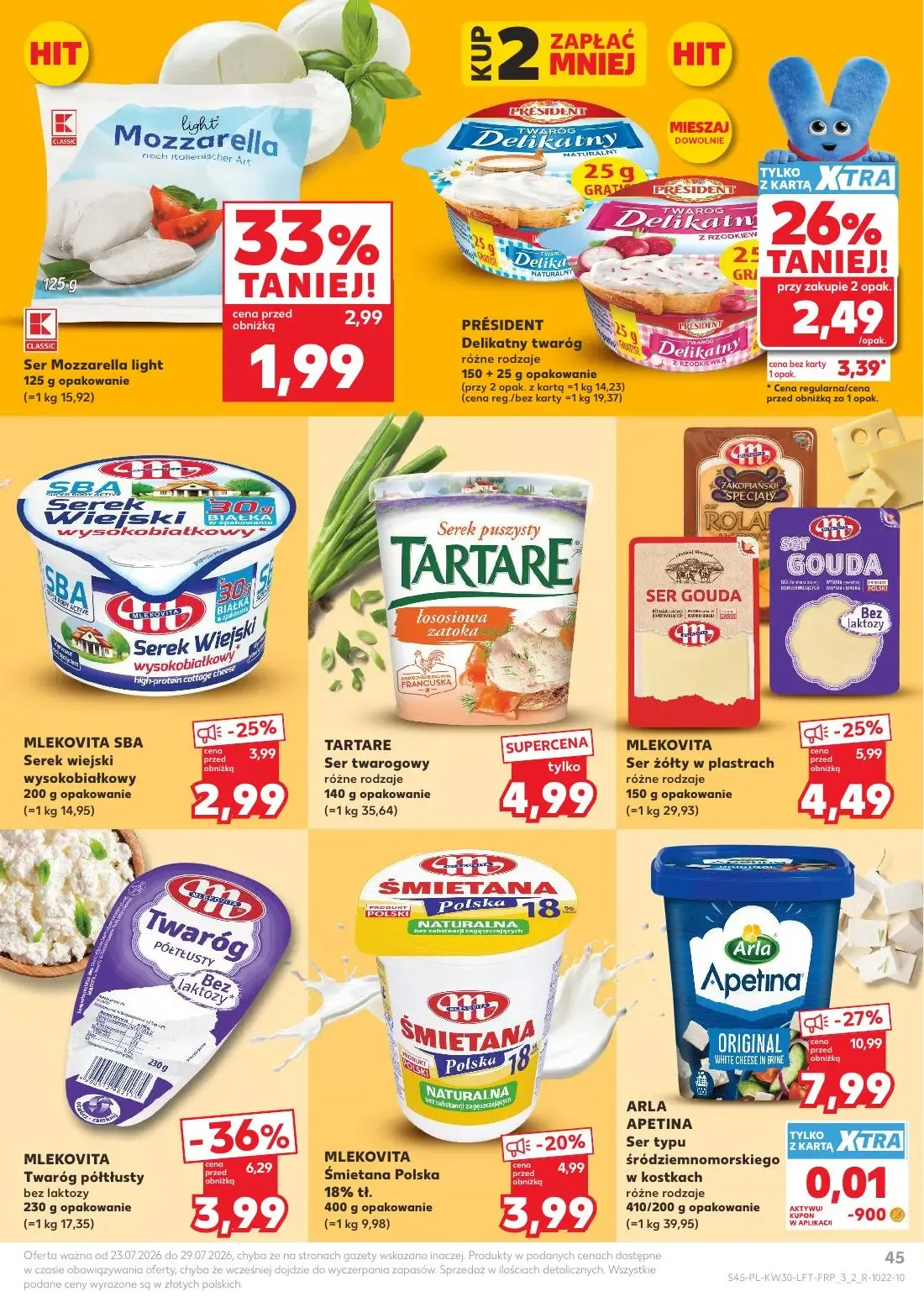 Kaufland gazetka, strona 45 z 68 — MLEKOVITA Twaróg półtłusty bez laktozy, MLEKOVITA Ser żółty w plastrach, Ser Mozzarella l…