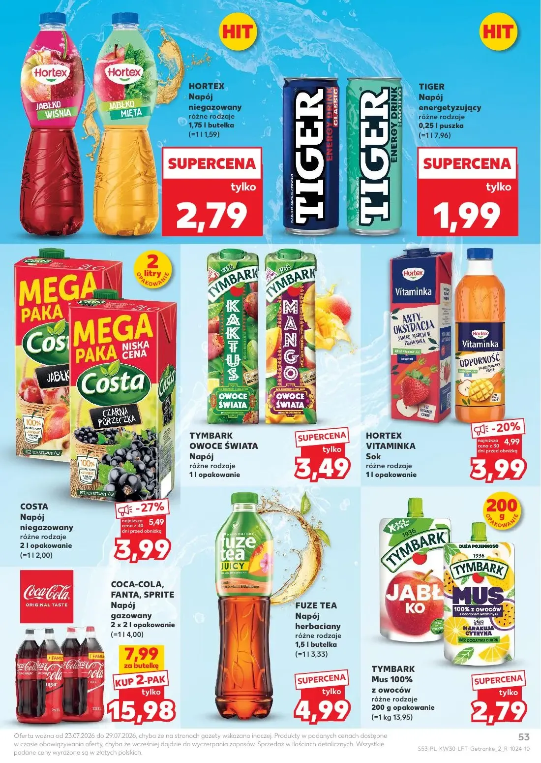 Kaufland gazetka, strona 53 z 68 — COCA-COLA, FANTA, SPRITE Napój gazowany, COSTA Napój niegazowany, HORTEX VITAMINKA Sok