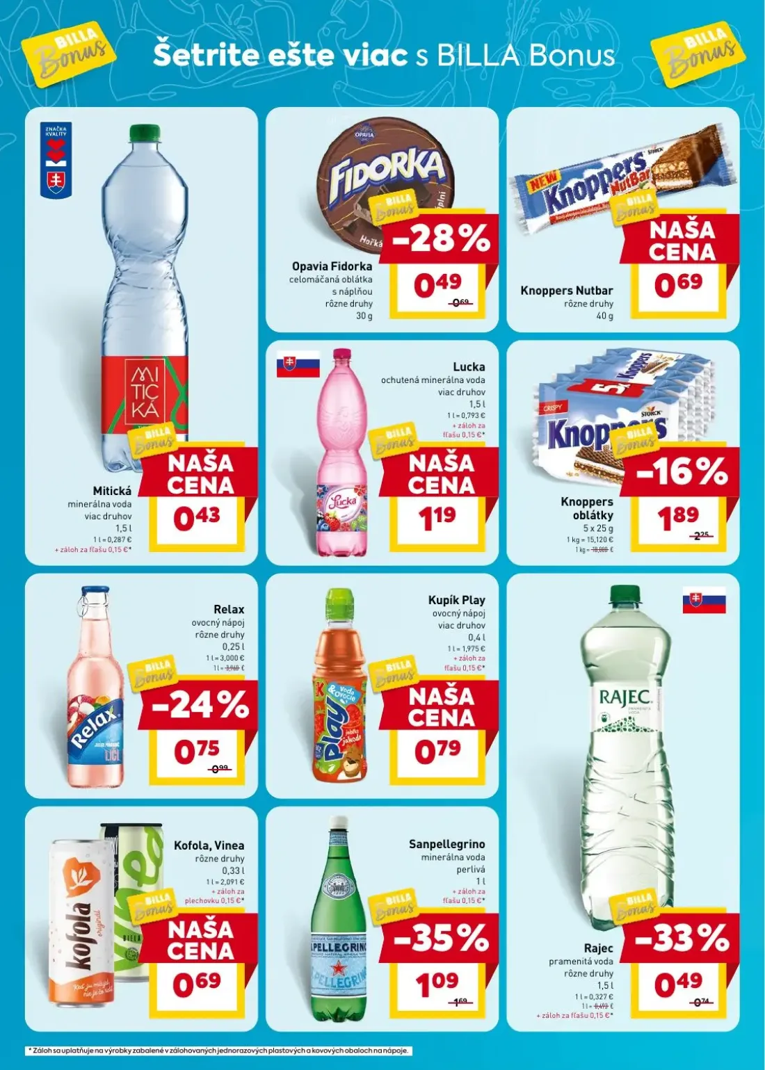 Billa leták, strana 4 z 6 — Sanpellegrino minerálna voda perlivá, Knoppers oblátky, Rajec pramenitá voda