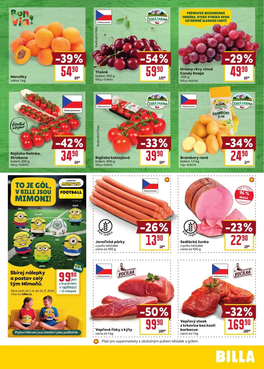 Billa leták, strana 3 z 8 — Vepřové řízky z kýty, Vepřový steak z krkovice bez kosti barbecue, Třešně