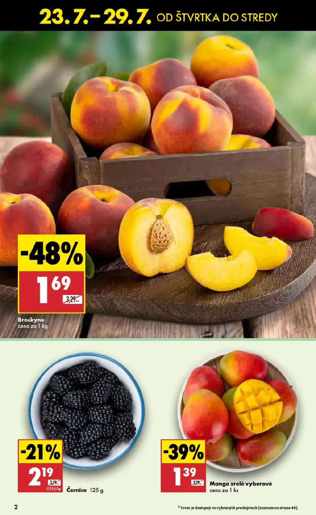 Biedronka leták, strana 2 z 48 — Broskyne, Mango zrelé vyberové, Černice