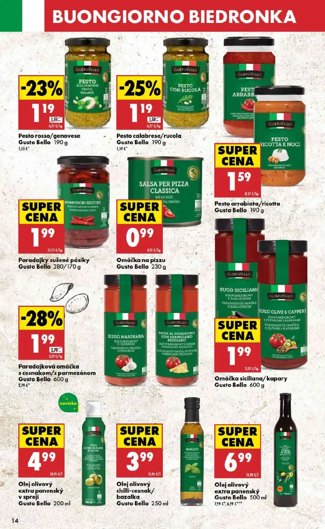 Biedronka leták, strana 14 z 48 — Olej olivový extra panenský Gusto Bello, Paradajková omáčka s cesnakom/s parmezánom Gusto …