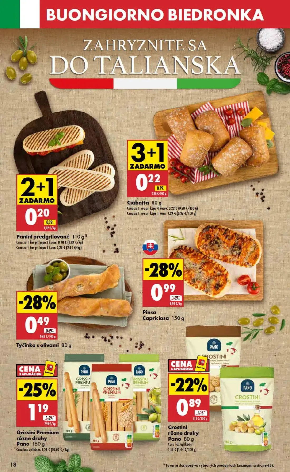 Biedronka leták, strana 18 z 48 — Pinsa Capriciosa, Grissini Premium rôzne druhy Pano, Crostini rôzne druhy Pano